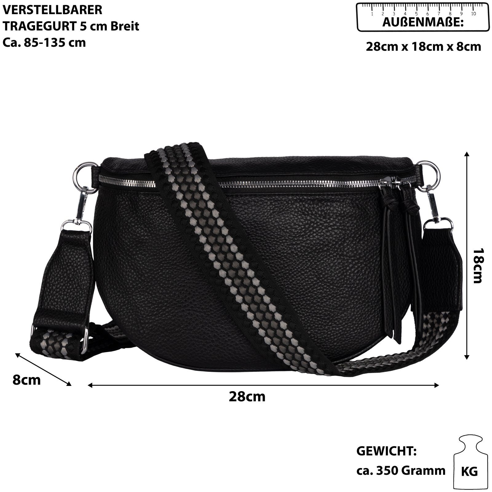 BLACK Gürteltasche EAAKIE Bauchtasche Kunstleder tragbar Umhängetasche CrossOver, Schultertasche, als Umhängetasche Italy-D, Hüfttasche Crossbody-Bag