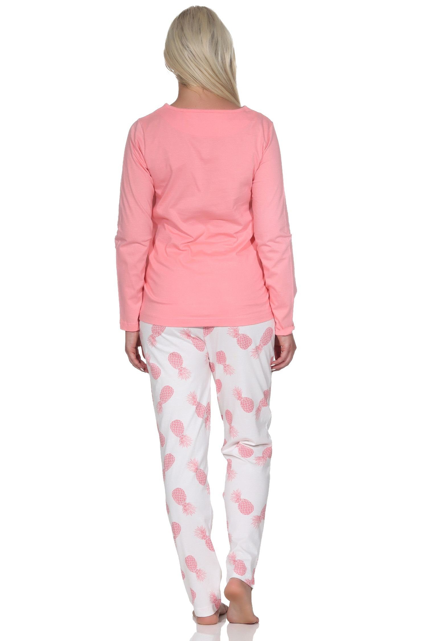 Langarm Damen Schlafanzug als Homewear Motiv Normann mit Pyjama rosa Ananas