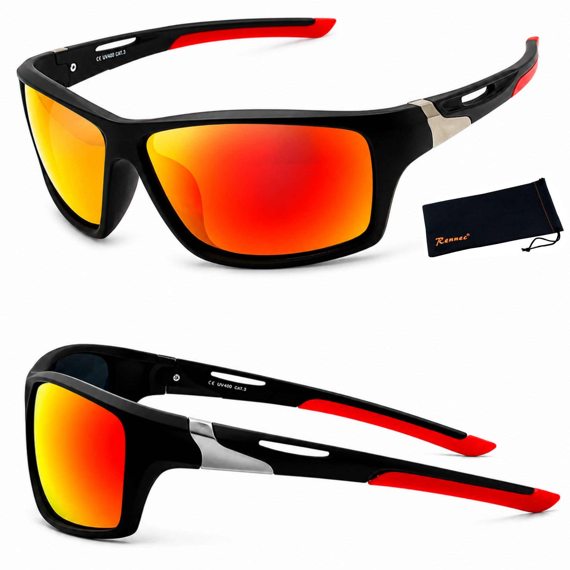 Rennec Sonnenbrille Herren Sportbrille Radbrille Polarisiert mit Outdoor Hardcase Gläser Schwarz Getönt, Rot oder Blau Verspiegelt, Gelb Night Vision