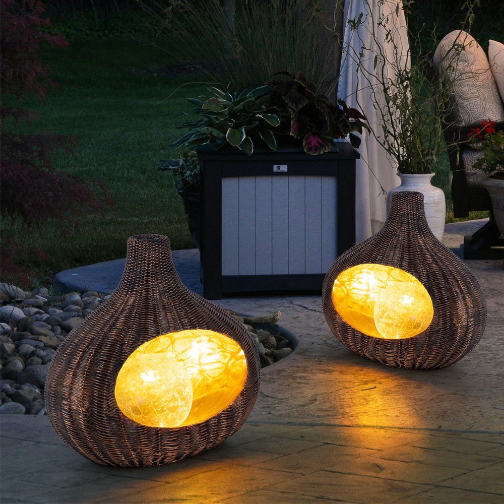 etc-shop Gartenleuchte, LED-Leuchtmittel fest verbaut, Außen für Solarleuchte Warmweiß, Rattan-Optik Solarleuchte Gartendeko Tischdeko