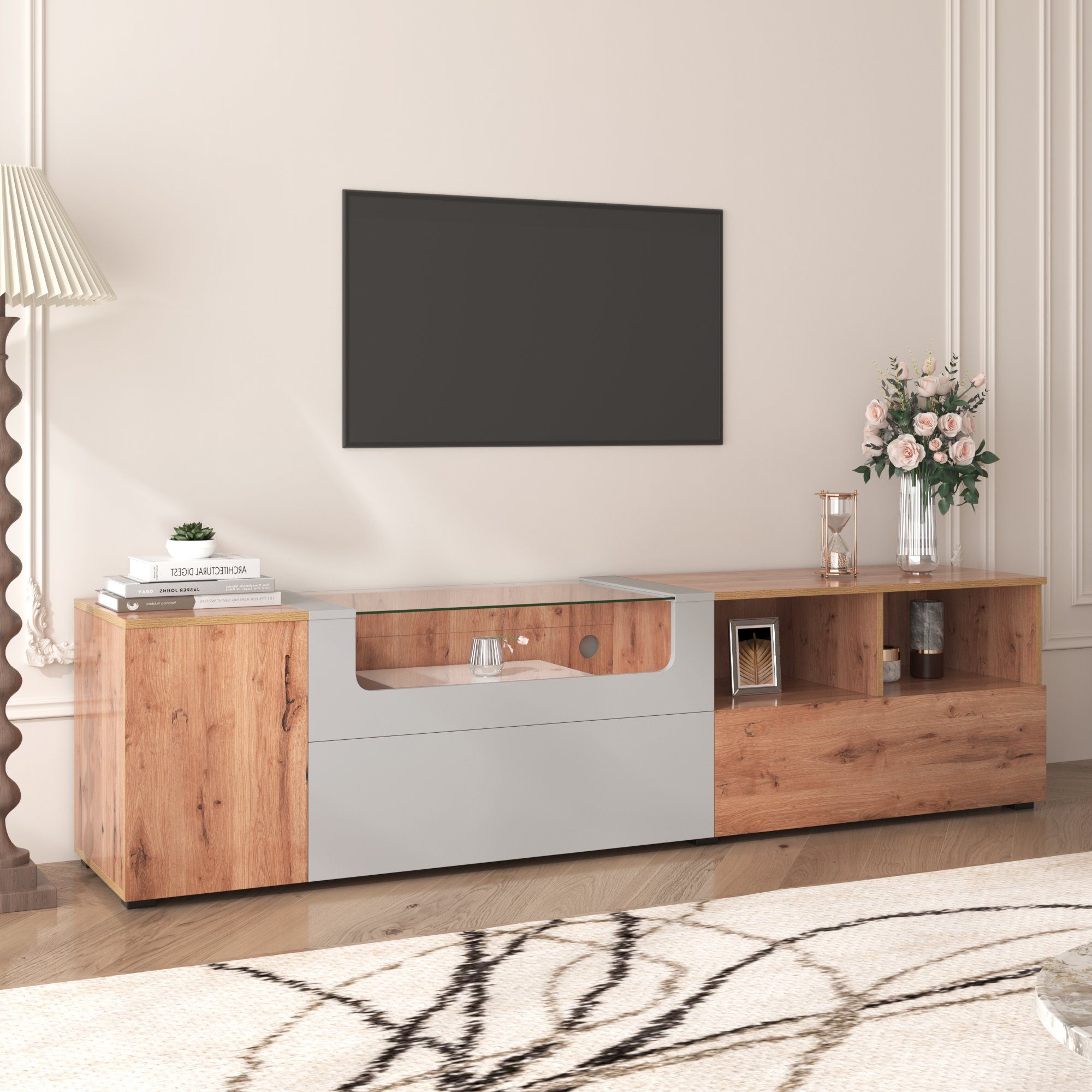 KLAM HOME Lowboard moderner klassischer TV-Schrank Eicheholzfarbe (für Wohnzimmer Schlafzimmer), TV-Board Fernsehschrank Kommode für Fernseher 190 x 40 x 48 holz/hellgrau
