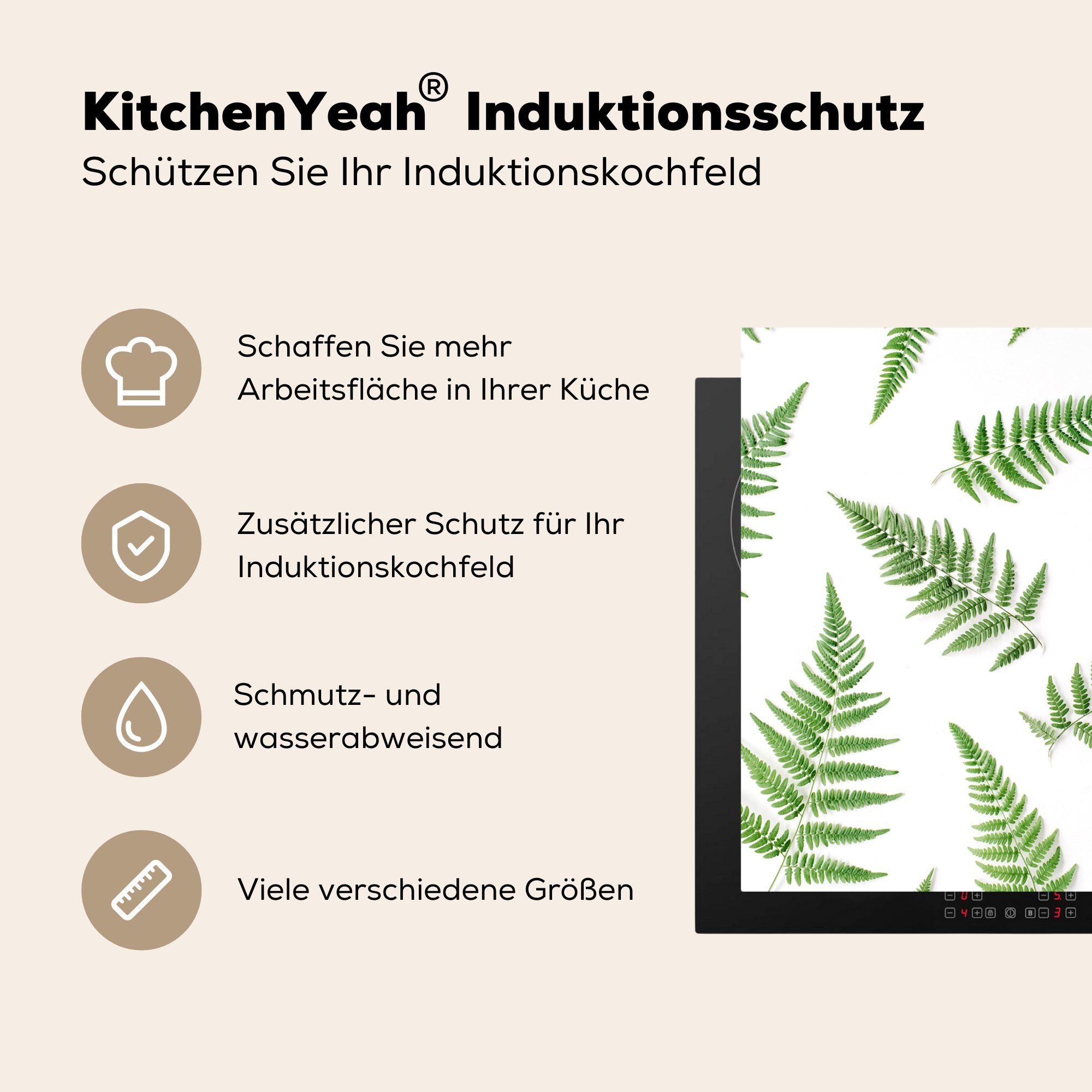 cm, tlg), Ceranfeldabdeckung, (1 Farn, Vinyl, Grün Tropisch Arbeitsplatte - 78x78 für MuchoWow Herdblende-/Abdeckplatte - küche