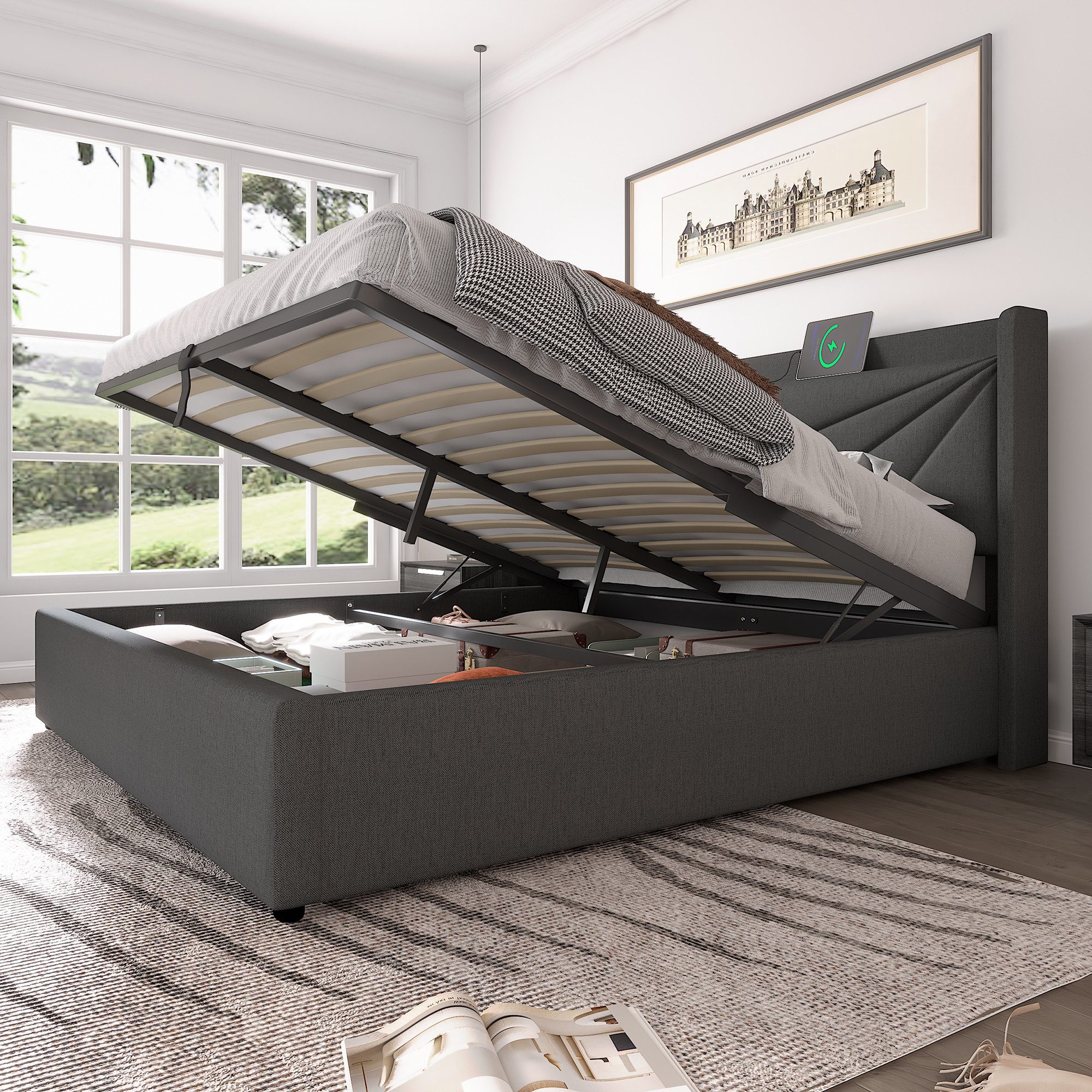 Flieks Polsterbett, Massivholz Stauraumbett mit USB/Typ-C Ladeanschluss 160 günstig online kaufen