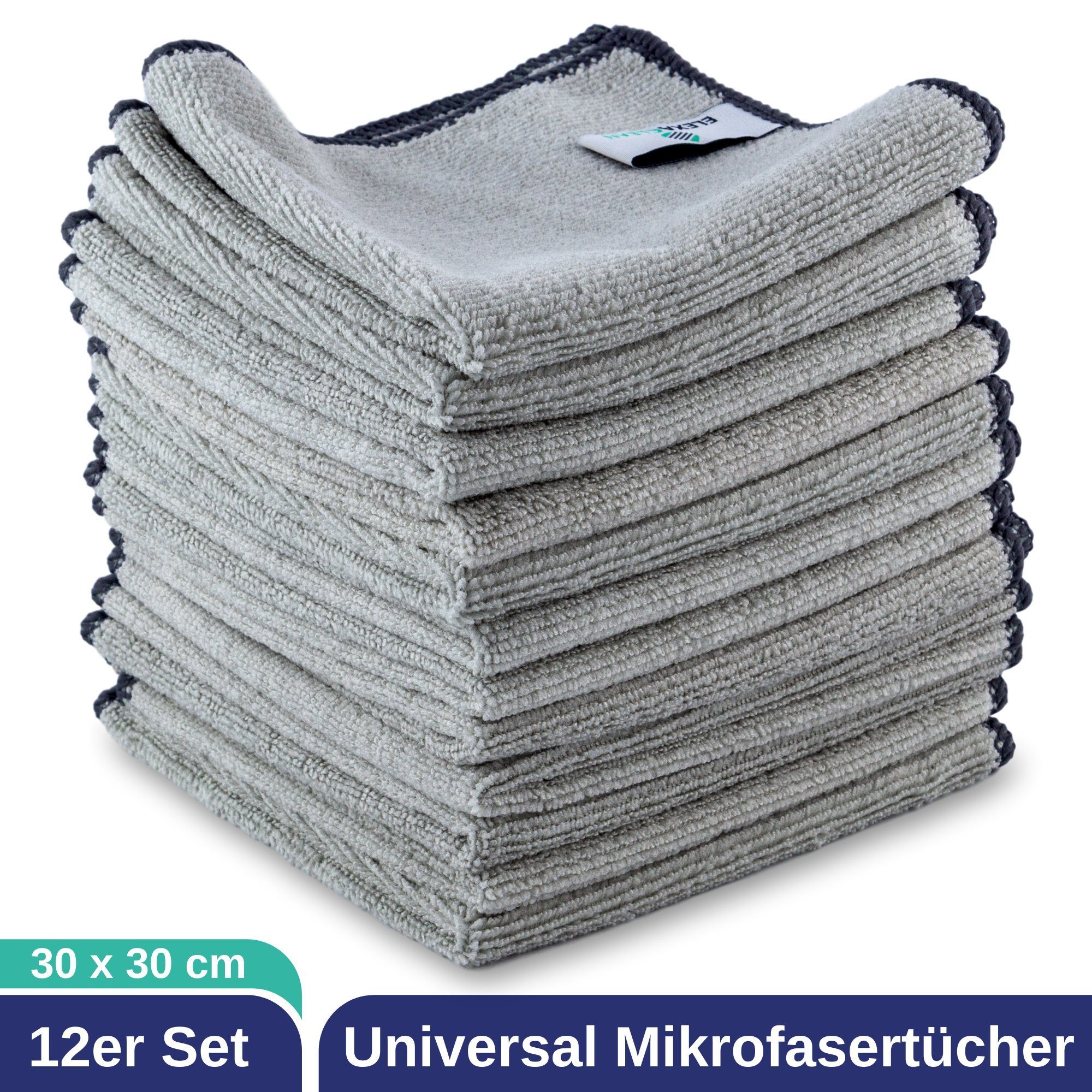 ELEXACLEAN Universal Reinigungstücher Mikrofasertuch (Set, 12-tlg., 30x30 cm, fusselfrei, streifenfrei, saugfähig)