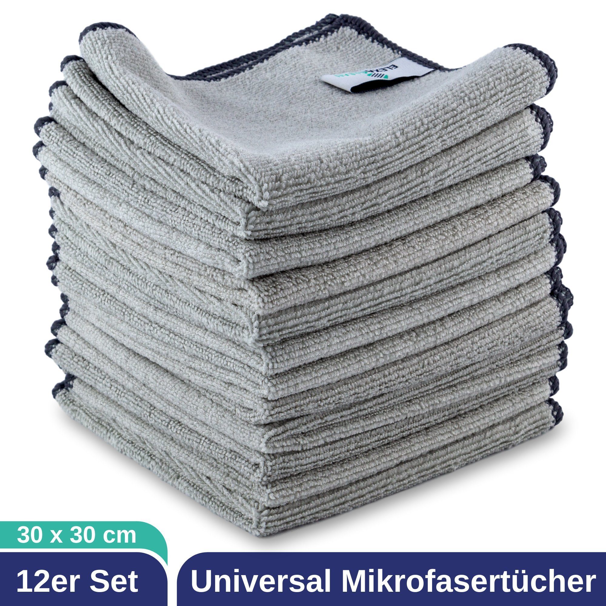 ELEXACLEAN Universal Reinigungstücher Mikrofasertuch (80% Polyester, 20% Polyamid (Mikrofaser), 30x30 cm, Set, 12-tlg., 30x30 cm, fusselfrei, streifenfrei, saugfähig)