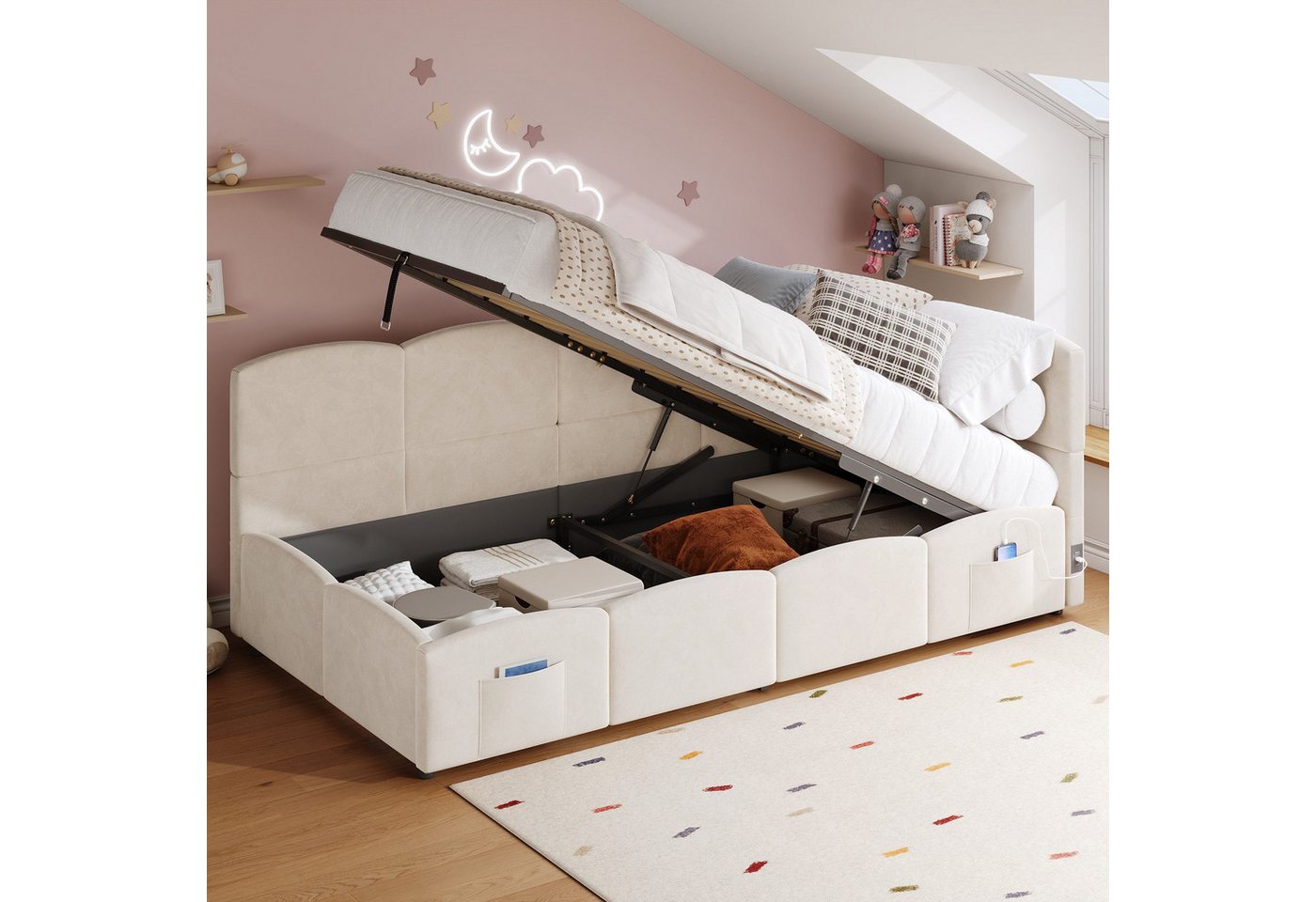 Odikalo Kinderbett Jugendbett, Polsterbett mit Bettkasten, Geeignet für kleine Wohnungen (Polsterbett, Kinderbett, Einzelbett, Stauraumbett, Schlafsofa 90x200 cm, mit Lattenrost, Stautasche, Jugendbett und Erwachsenen-Kinderbett,Samt / Bouclé, beige / ros