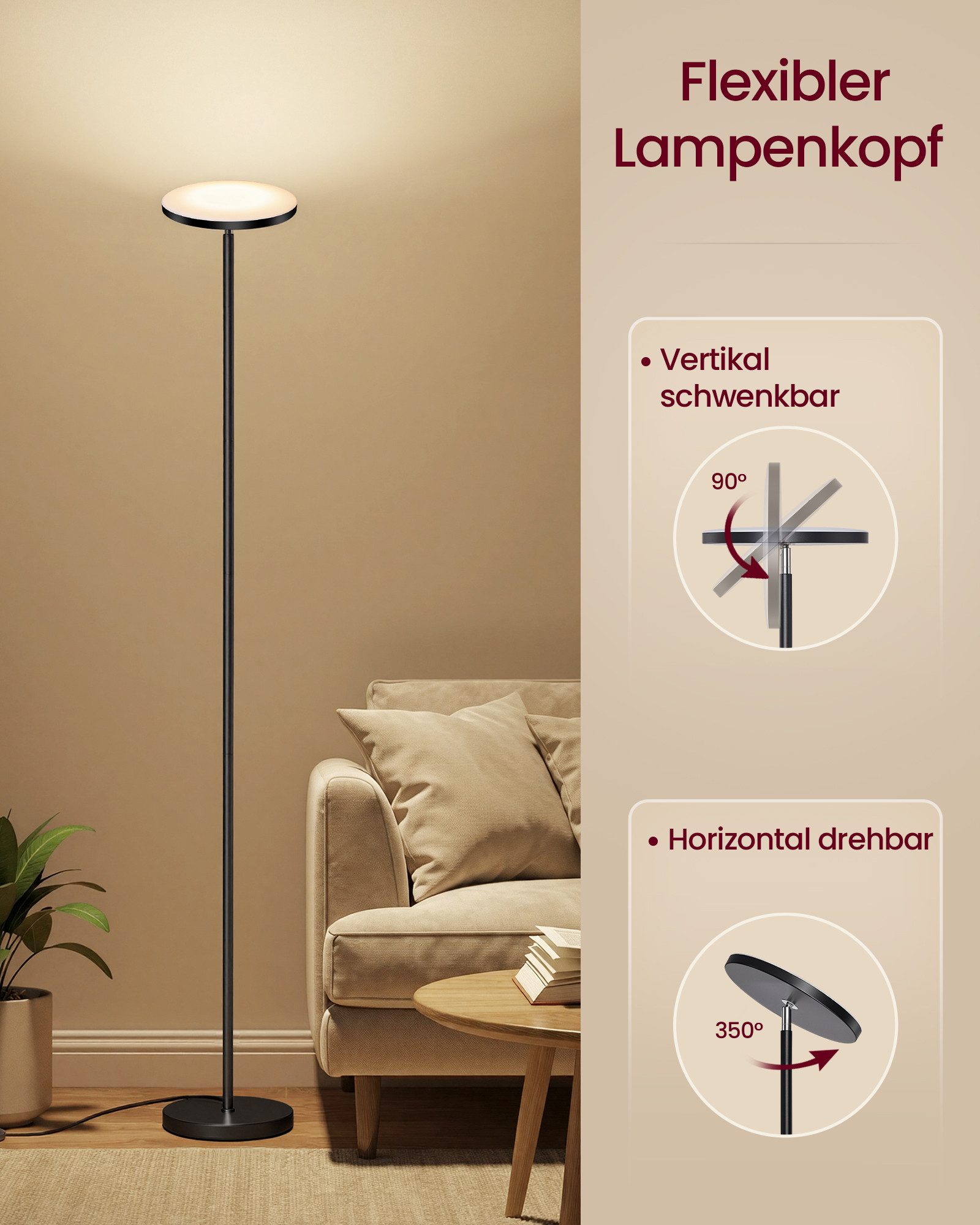 VASAGLE Stehlampe LED-Stehleuchte, drehbarer Lampenkopf, Standleuchte 30/36/42W, Timer, Memory-Funktion, Fernbedienung