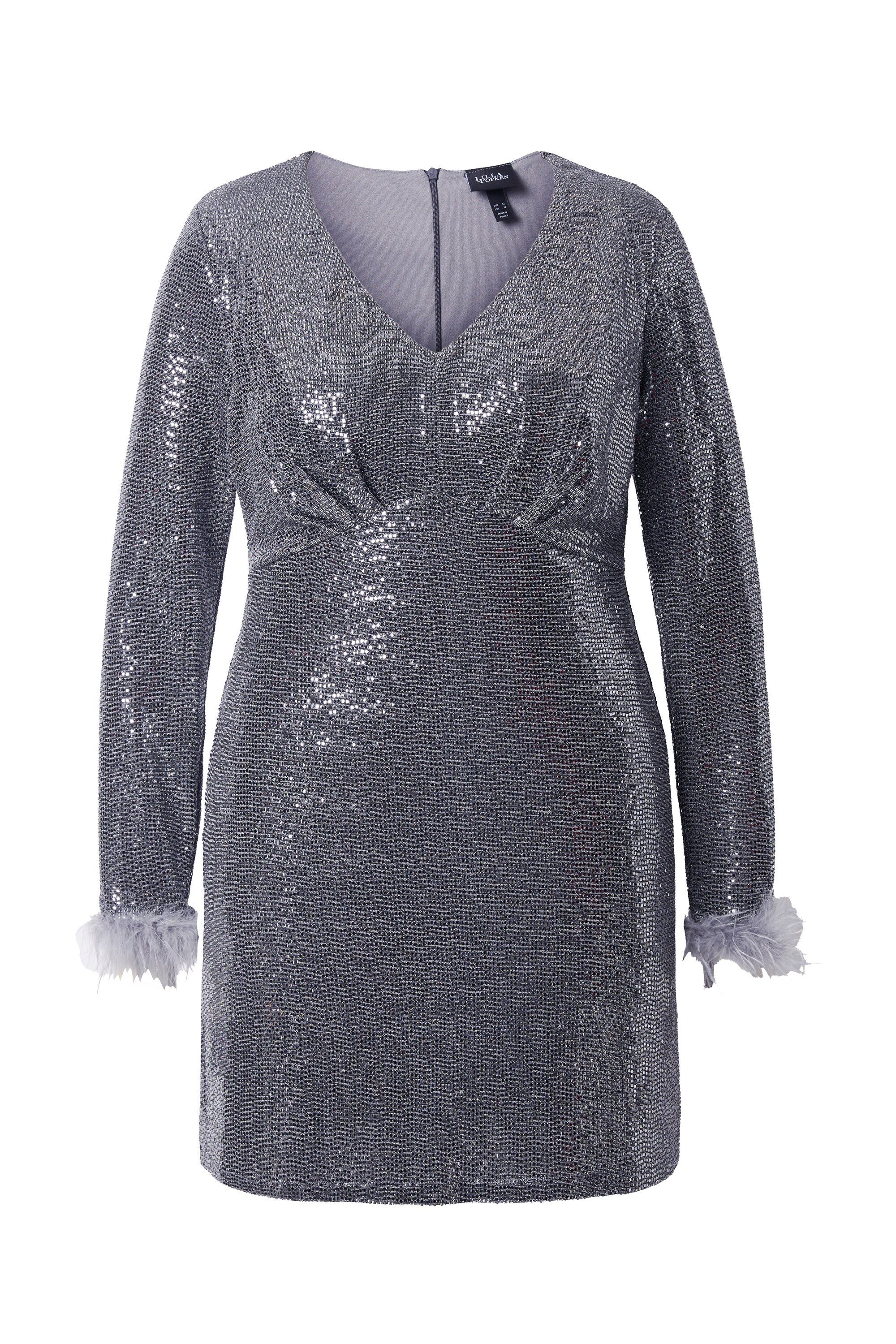 Ulla Popken Cocktailkleid Bodycon-Kleid Pailletten V-Ausschnitt Langarm