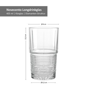 Bormioli Rocco Longdrinkglas 2er Set Novecento Longdrinkglas stapelbar 40,5 cl, Glas