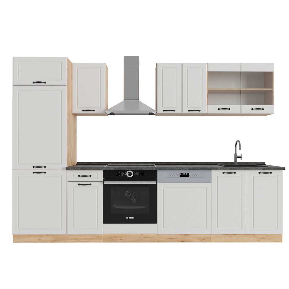 Küchenzeile R-Line, Weiß Landhaus/Goldkraft Eiche, 300 cm ohne Arbeitsplatte