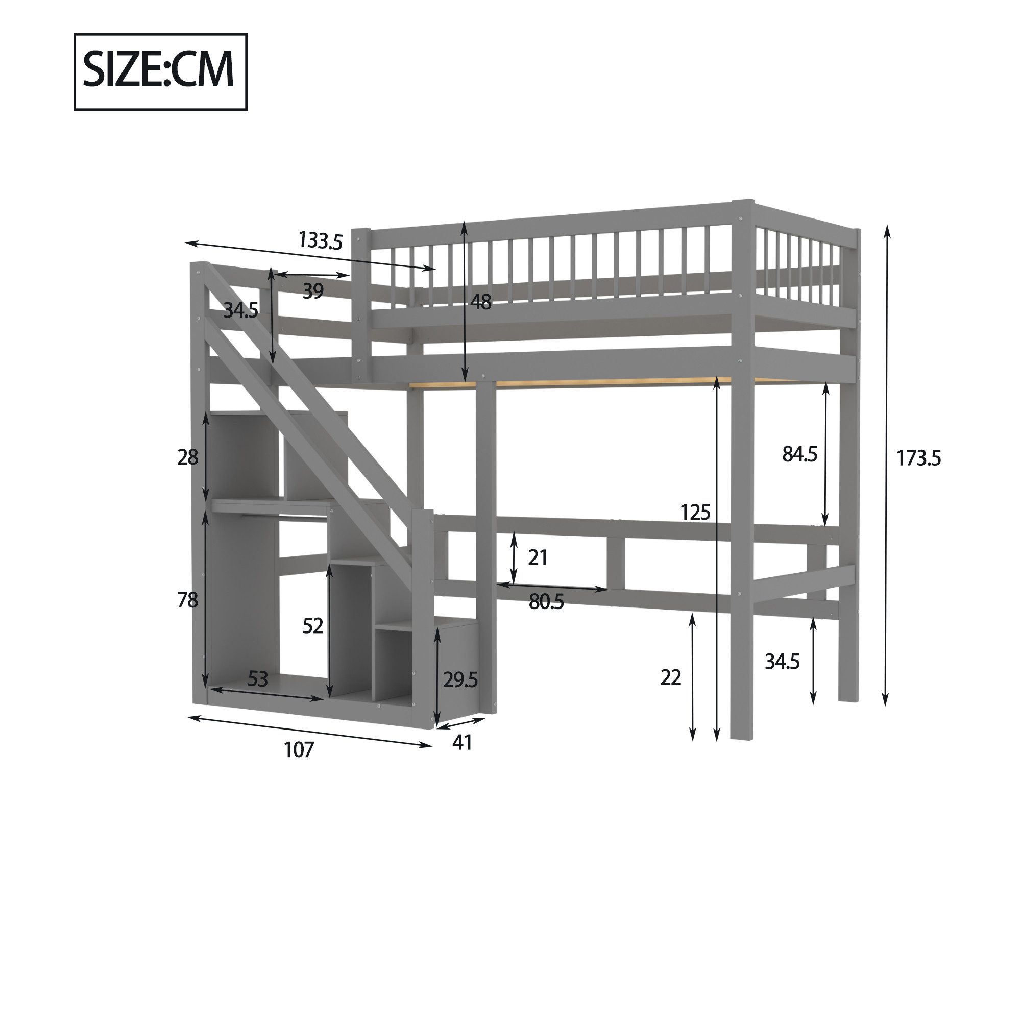 Flieks Hochbett Massivholz Einzelbett Kinderbett 90x200cm mit Stauraumtrepp günstig online kaufen