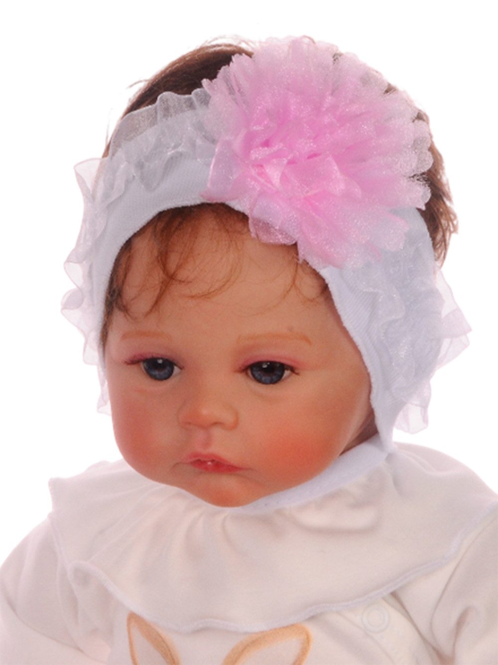 La Bortini Stirnband Baby Kopfband in weiß rosa mit Rüschen und Blumen Украшения для волос elastisch, weich, festlich, für Neugebirene 0-6Mon