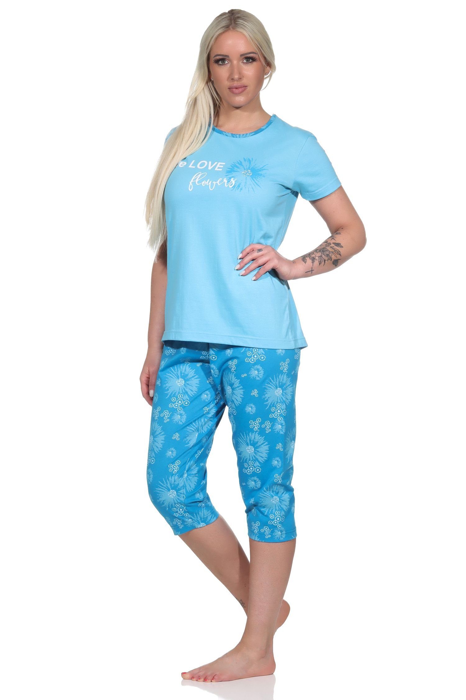 Normann Optik in hellblau Damen geblümter Schlafanzug kurzarm Pyjama Caprihose mit