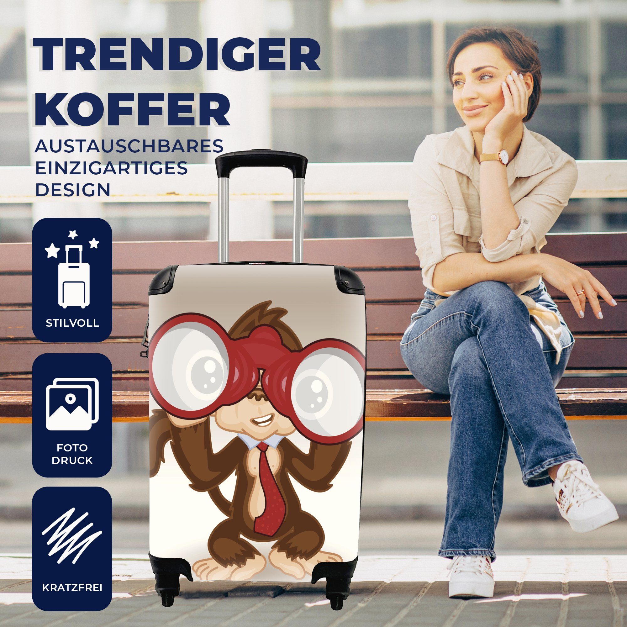MuchoWow Handgepäckkoffer Kinderillustration Reisetasche Handgepäck mit eines rollen, mit Rollen, Ferien, Ferngläsern, 4 Reisekoffer Trolley, Affen für