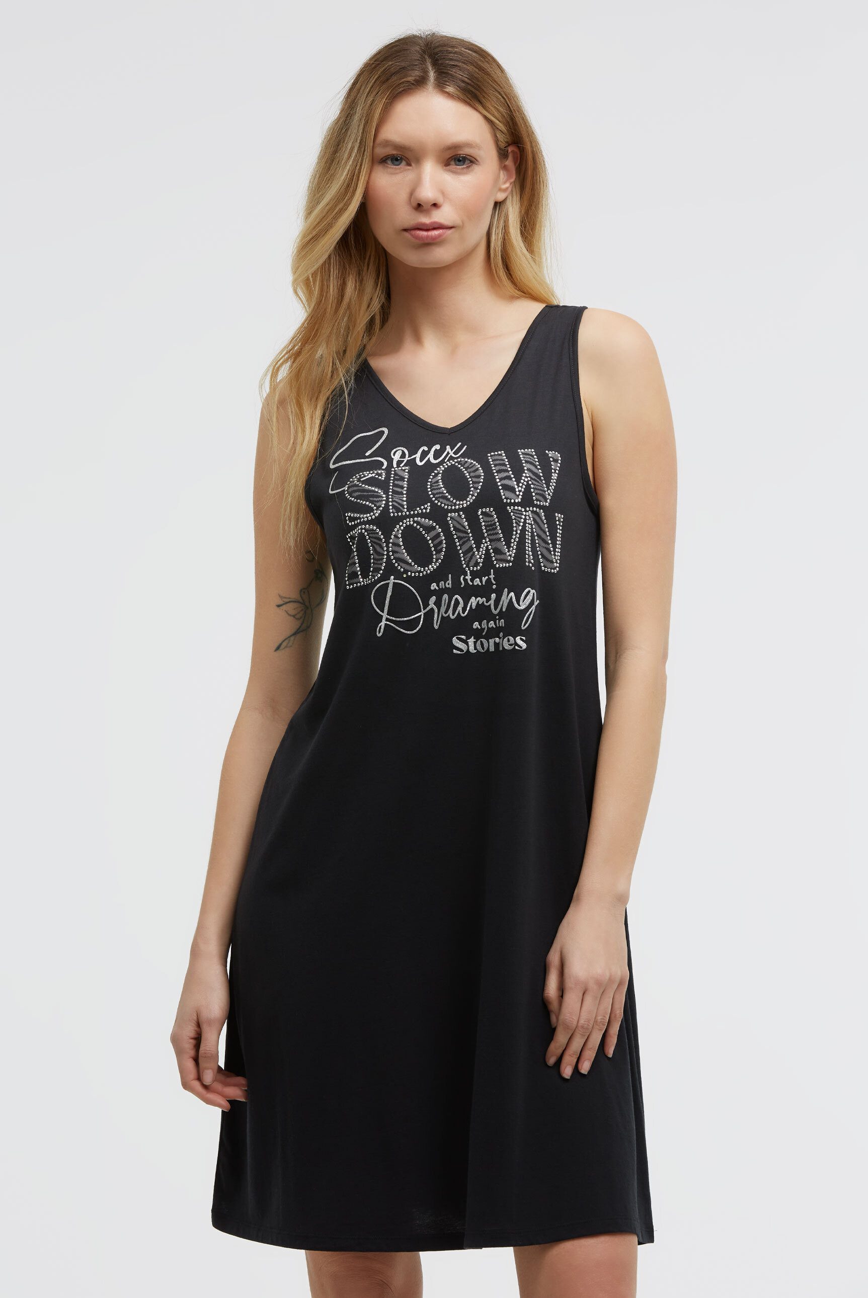 SOCCX Sommerkleid mit Glitzerstein-Wording