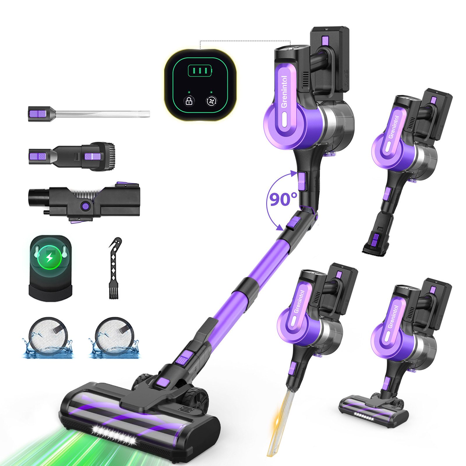 Grenintol Akku-Hand-und Stielstaubsauger Akku Staubsauger,75000Pa,500W Kabelloser Staubsauger,Akkustaubsauger, 500 W, beutellos, 8 in 1Staubsauger Hepa*4, Handstaubsauger mit Auto-Modus und ECO-Modus