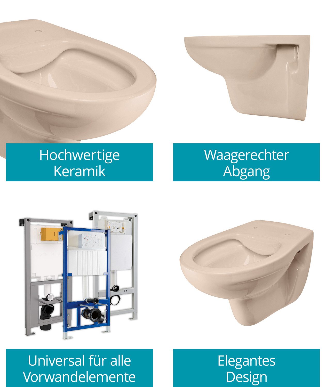 Calmwaters Tiefspül-WC Wand-WC spülrandlos, Abgang Waagerecht, Beige-Bahamabeige, 08AB6146