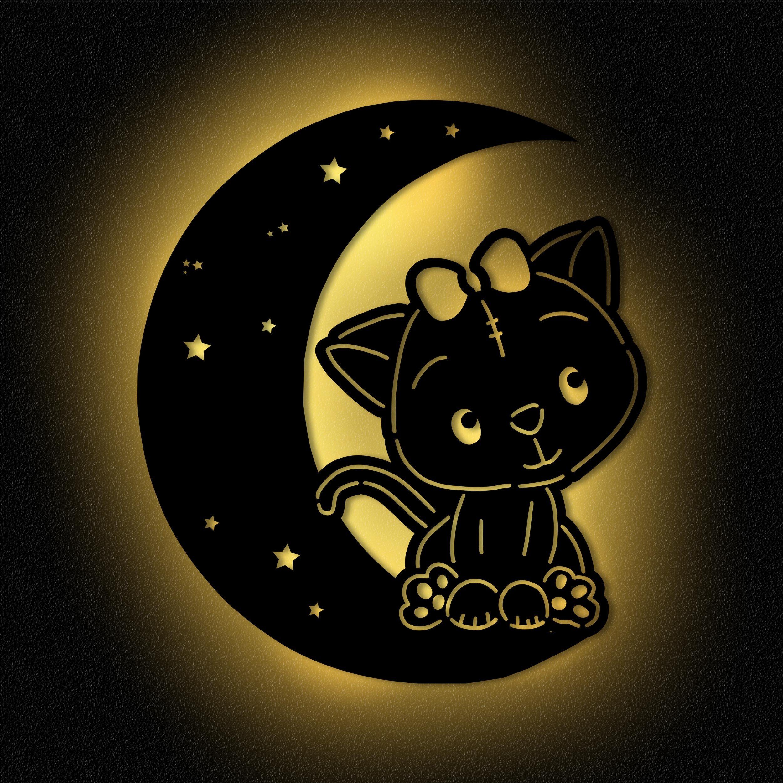 Namofactur LED Dekolicht Wandlampe Mond Katze Holz Wand Deko Lampe Nachtlicht I Kinderzimmer, Ohne Zugschalter/Stern, LED fest integriert, Warmweiß
