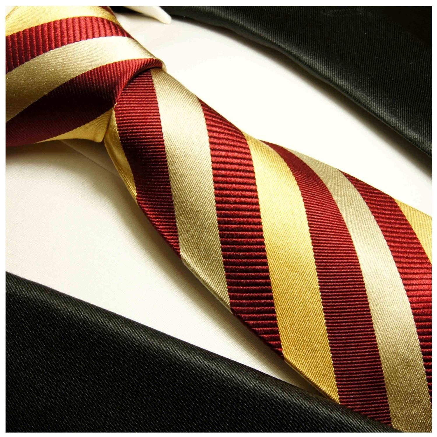 Paul Malone Krawatte Herren modern (8cm), mit 2-St., 100% (Set, Seidenkrawatte Krawatte Einstecktuch) weinrot gestreift Seide gold mit Tuch 245 Breit