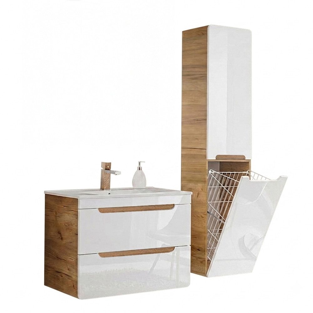 Lomadox Badmöbel-Set LUTON-56, (Spar-Set, 5-St., Hochschrank Waschbecken Waschbeckenschrank), Hochglanz weiß mit Wotan Eiche, Waschtisch 80 cm