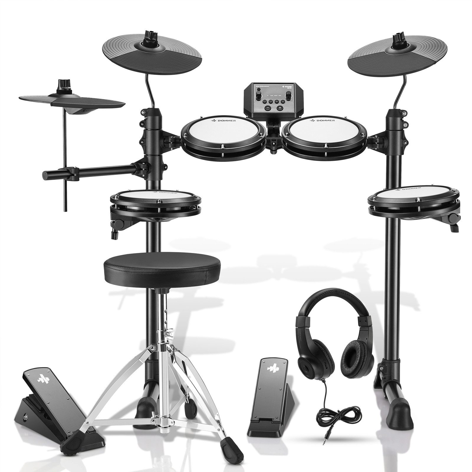 Donner E-Drum DED-80 E-Drum-Set mit leisen Mesh-Pads 180 Sounds, Hocker + Kopfhörer,Ein komplettes E-Drum-Set, Kopfhörer/Sticks/Drumthron, 180 Sounds und 15 Drum-Kits, 30 Demo-Songs