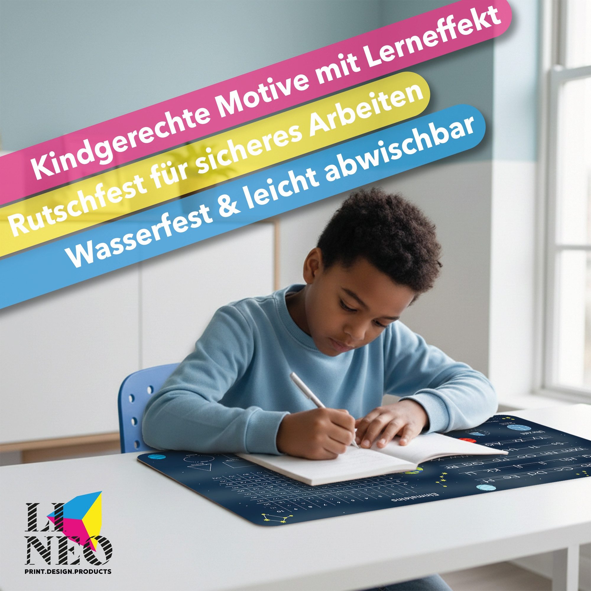 Lineo Schreibtischunterlage Tischunterlage & Malunterlage für Kinder 80x40 cm abwischbar, (Robuste Malunterlage Schreibtisch Unterlegmatte)