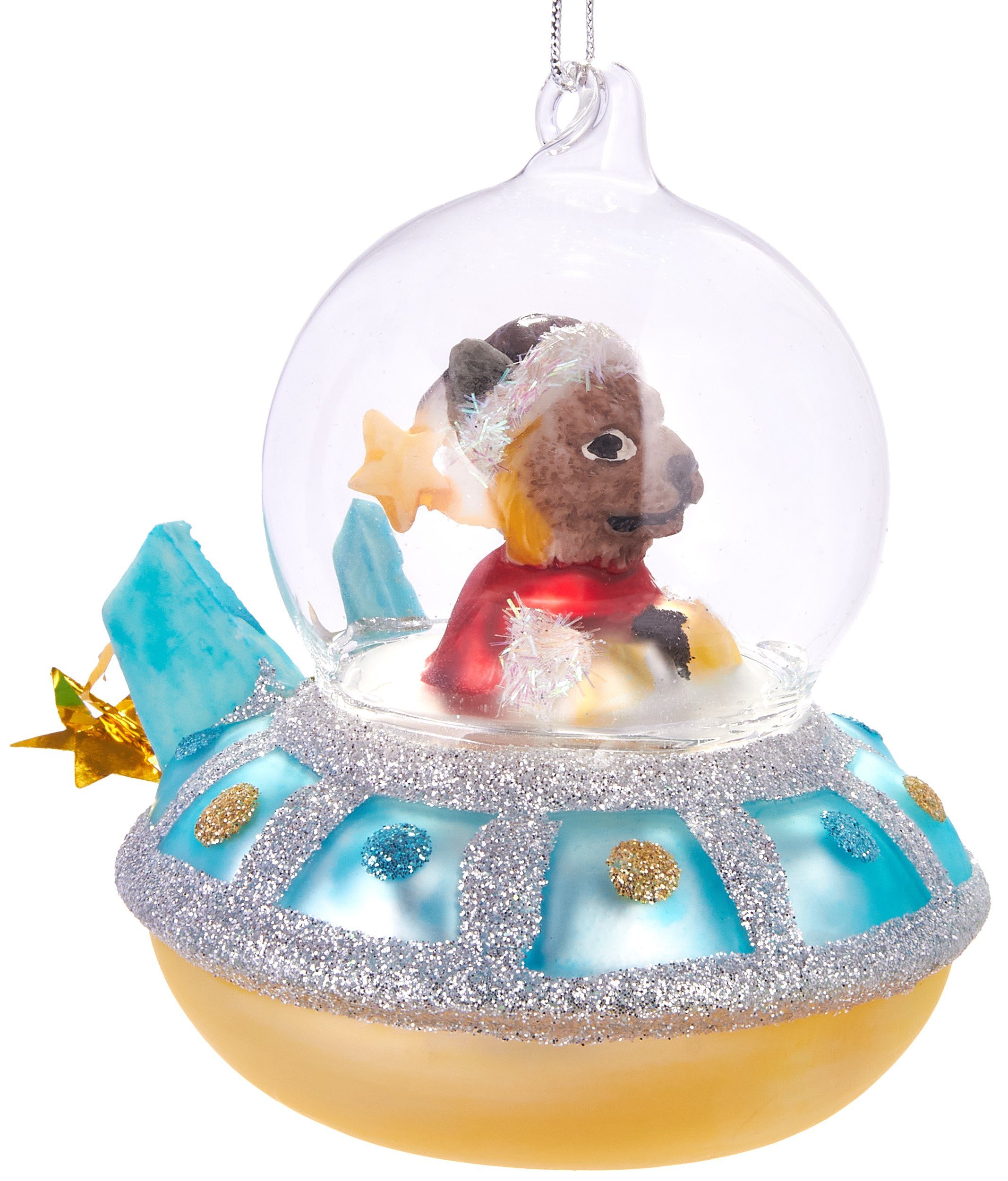 BRUBAKER Christbaumschmuck Mundgeblasene Baumkugel Hund in blauem UFO, Weihnachtsschmuck Anhänger aus Glas, Lustige Weihnachtskugel