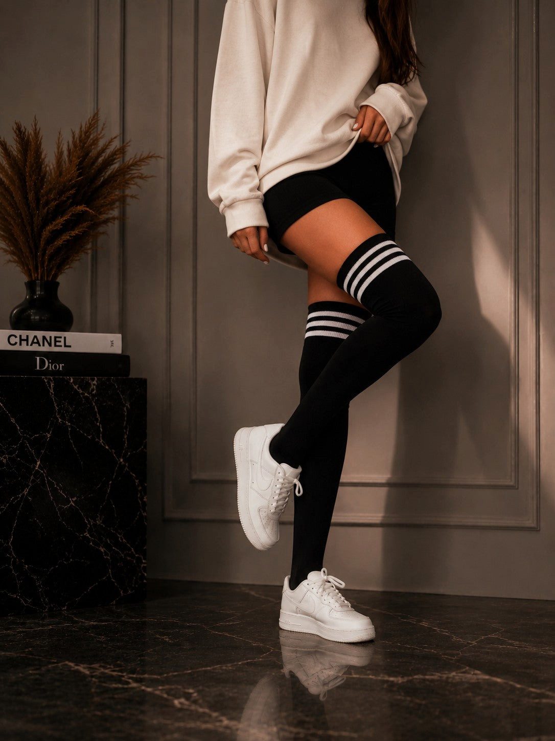Lycille Overknees Modern College Overknees 37/41 –Premium Baumwolle Triple-Stripe Design