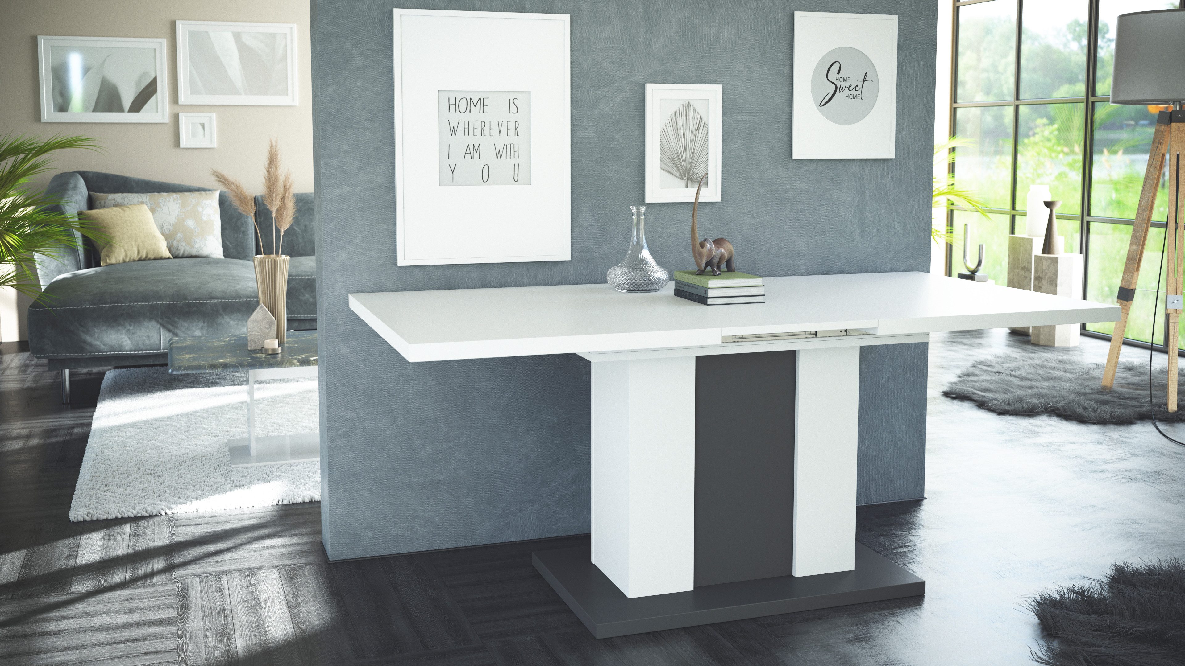 Vladon Esstisch Eckig (Esstisch, ausziehbar 140 - 180 / 160 - 200 x 75 x 90 cm), in Weiß / Beton, Weiß / Anthrazit, Anthrazit / Weiß verfügbar