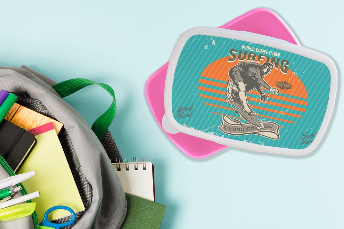 für Kinder, Surfen Mädchen, Surfbrett, Brotdose Vintage - Brotbox Lunchbox - Kunststoff rosa Snackbox, Erwachsene, Kunststoff, (2-tlg), MuchoWow