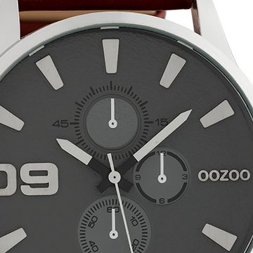 OOZOO Quarzuhr Oozoo Unisex Armbanduhr Timepieces Analog, (Analoguhr), Herren, Damenuhr rund, extra groß (48mm) Lederarmband dunkelbraun