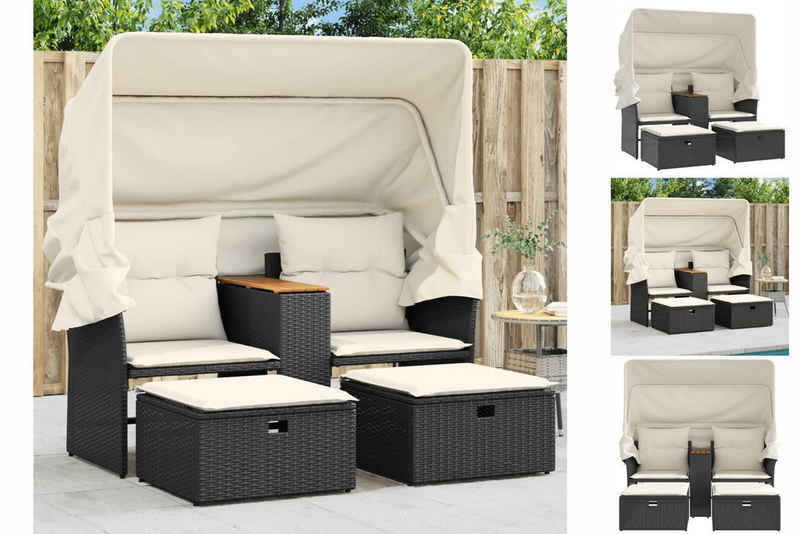 vidaXL Gartenbank Gartensofa 2-Sitzer mit Dach und Hockern Schwarz Polyrattan Außenberei