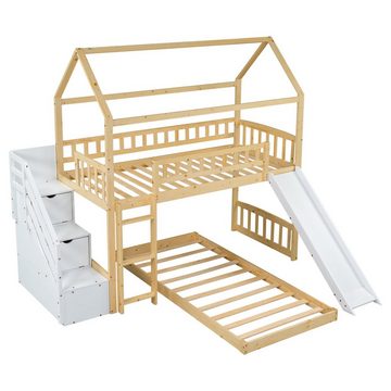 Gotagee Kinderbett Hausbett Kinderbett Etagenbett mit Treppe+Stauraum+Rutsche 90x200cm, Natur+Weiß