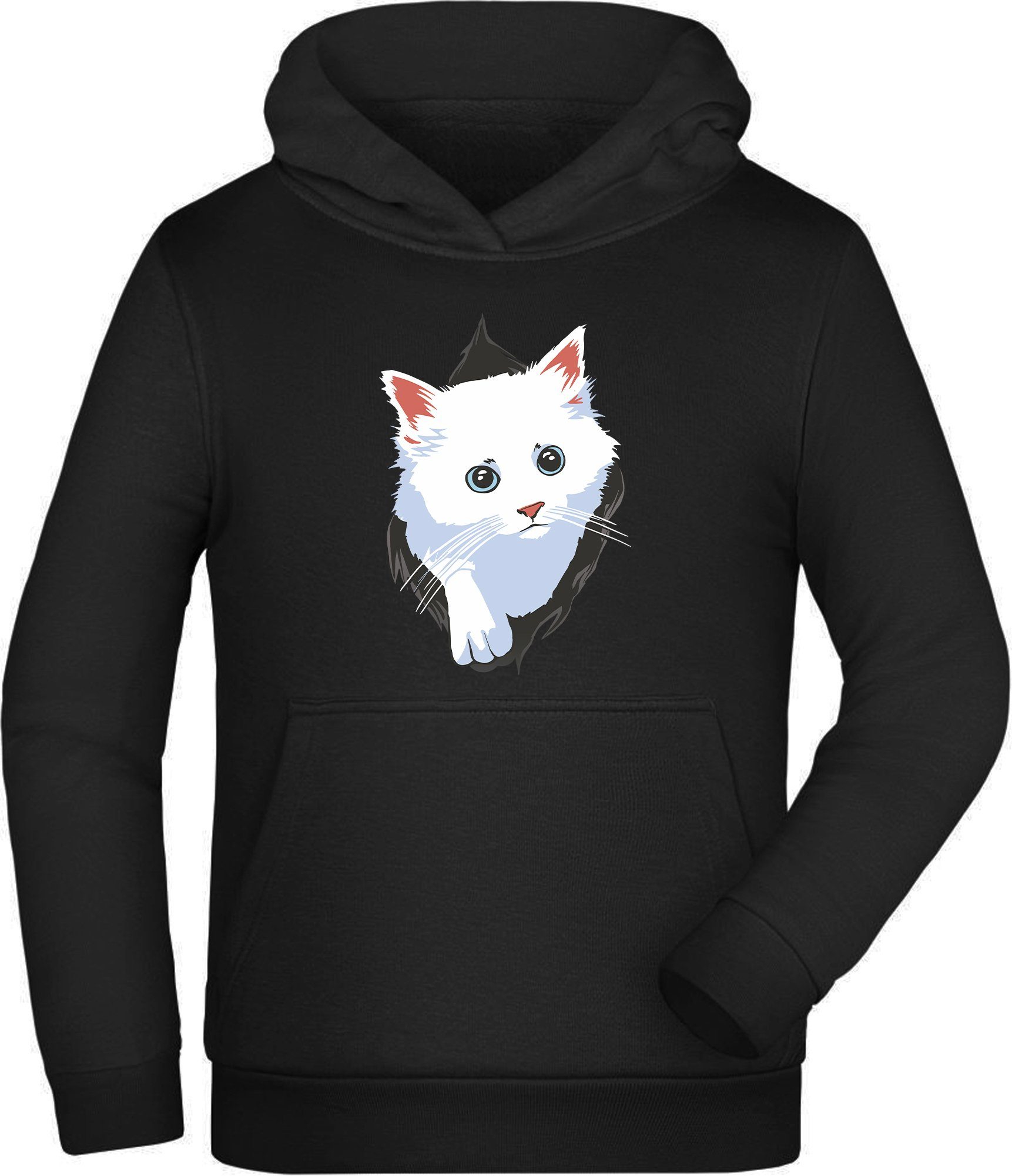 MyDesign24 Hoodie Kinder Kapuzen Sweatshirt Kapuzensweater i113 Shirt weiße - Aufdruck, Katze mit dem aus