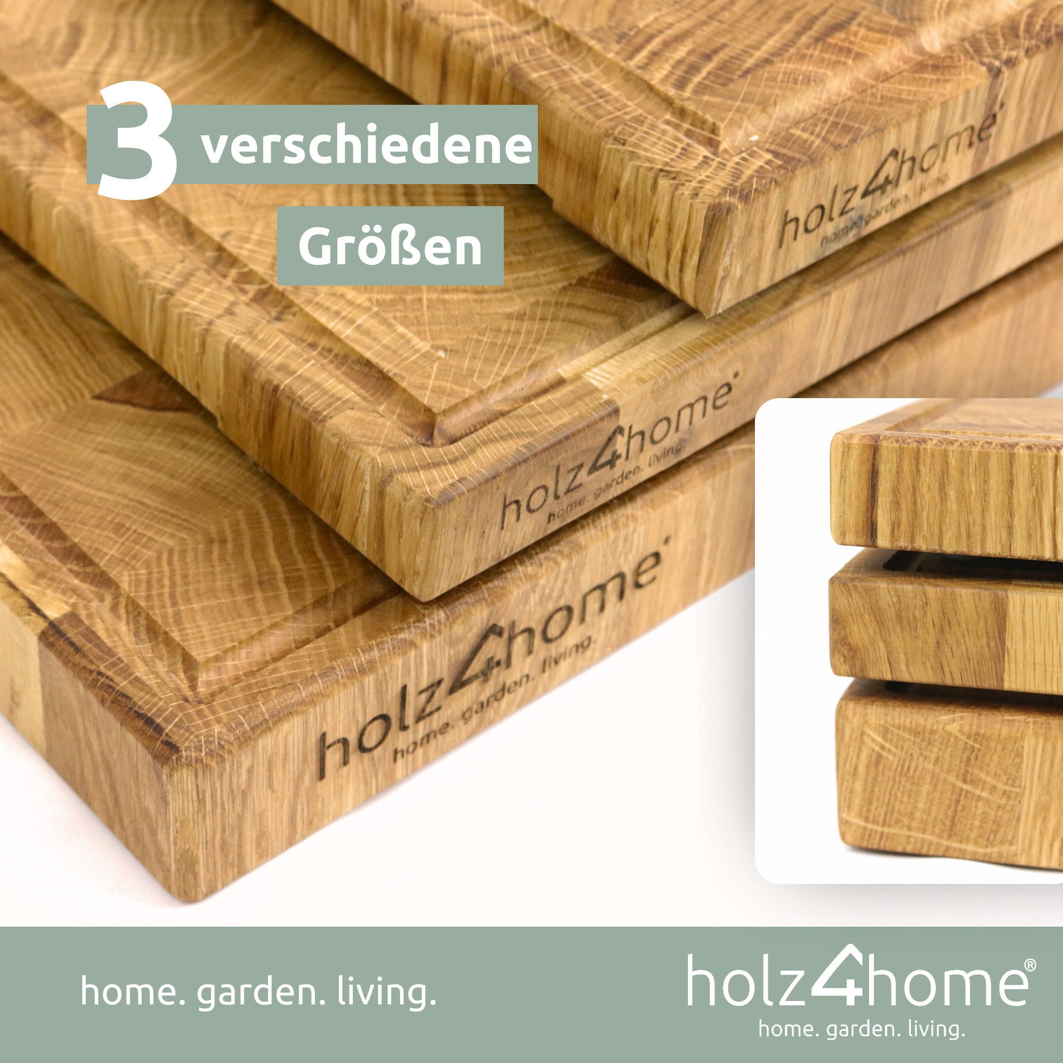 holz4home® Schneidebrett Küchenbrett aus Eichenholz I Hackbrett mit Saftrille in 3 Größen, Stirnholz mit Würfelmuster