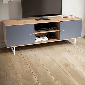 Wohnling Lowboard WL6.824 (Eiche-Dekor Grau, 150x55x40 cm, zwei Türen), TV-Kommode Hoch, TV-Schrank Modern Fernsehtisch