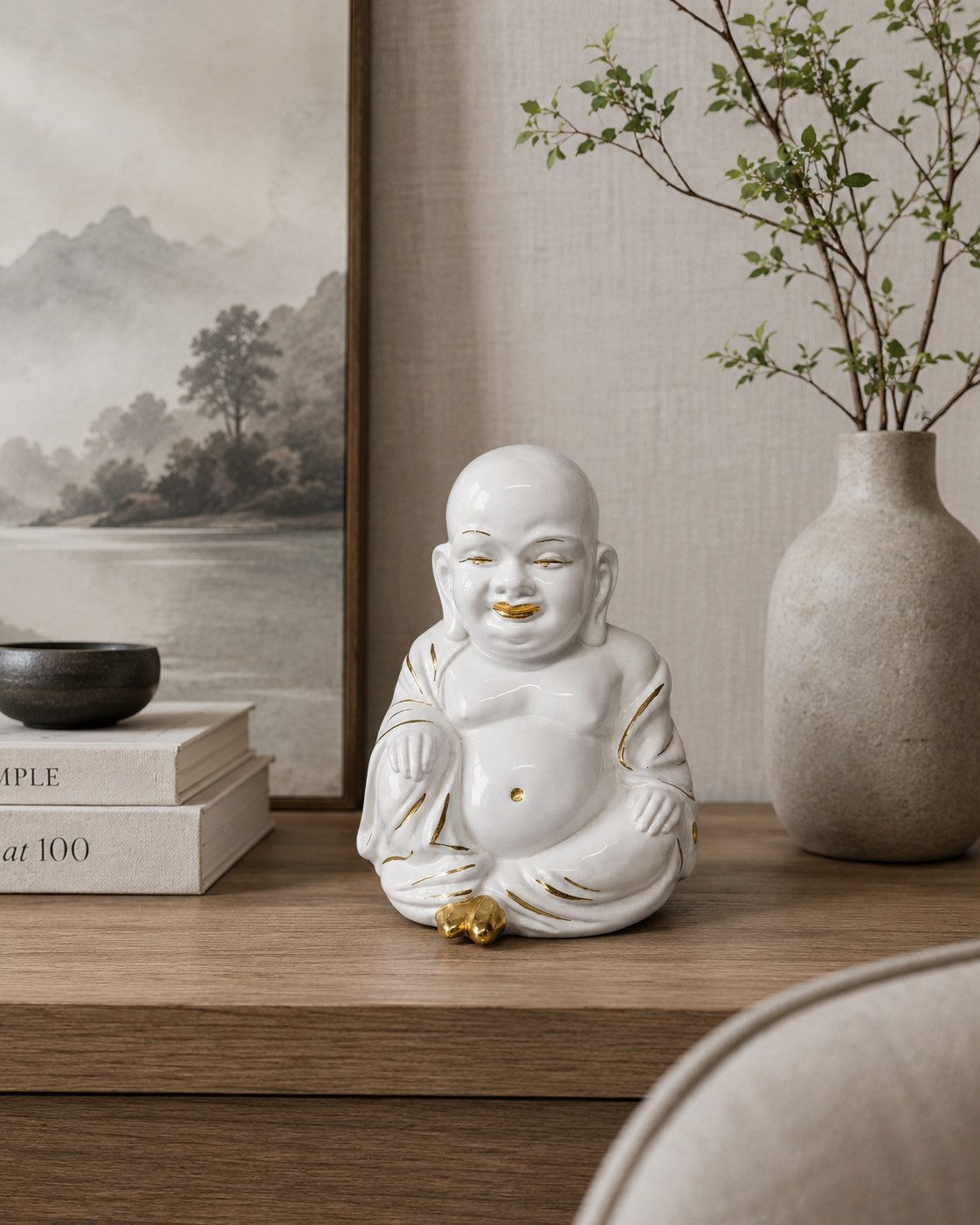 Xlmoebel Buddhafigur Zen Buddha Keramikfigur Weiß Gold Dekor Wohnaccessoire Sofort (Zen Buddha Keramikfigur), dekorative Buddha-Figur