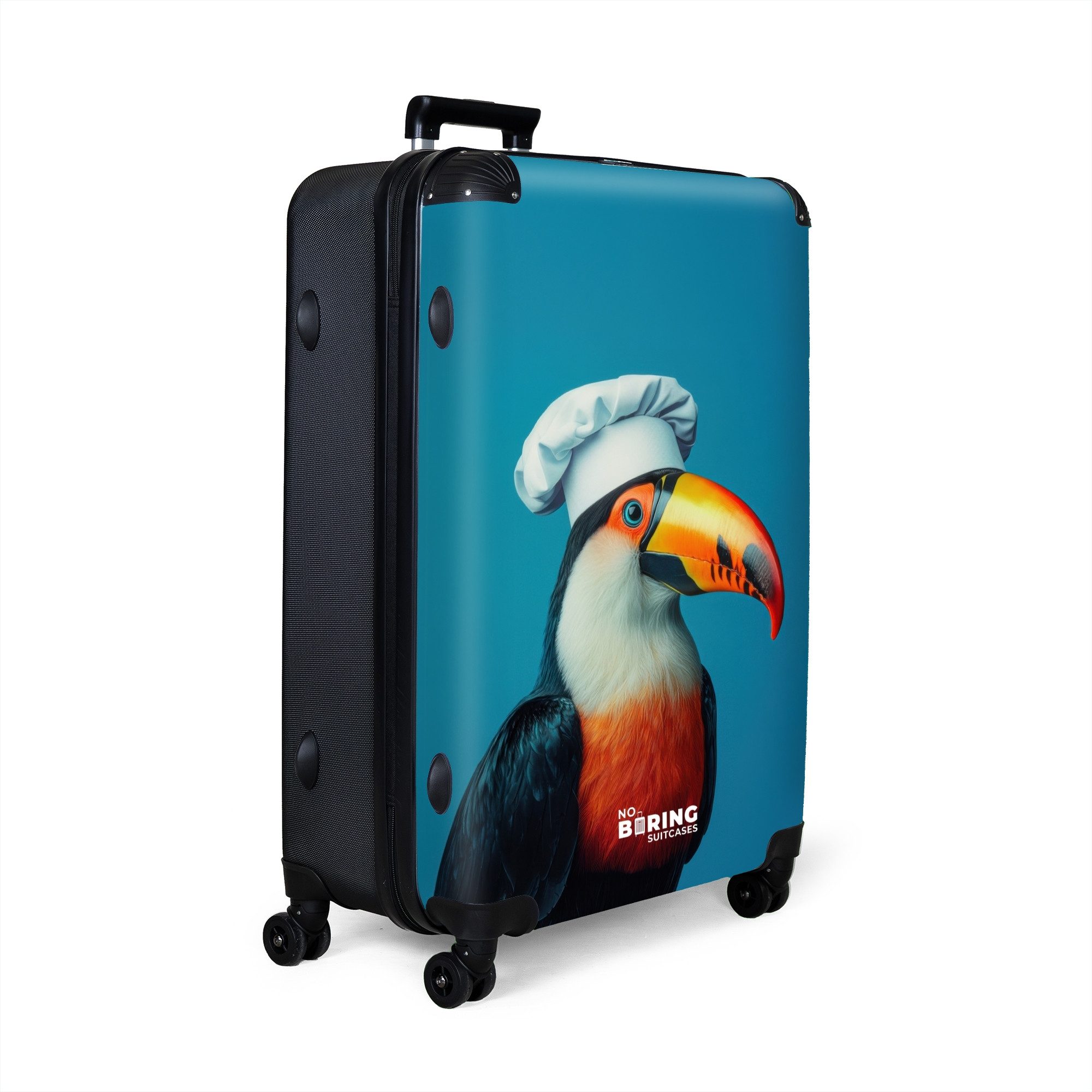 NoBoringSuitcases.com© Hartschalen-Trolley Tukan mit Kochmütze auf günstig online kaufen