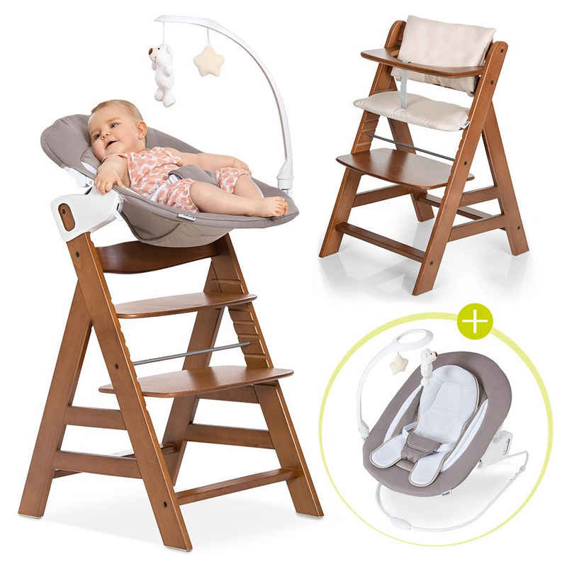 Hauck Hochstuhl Alpha Plus Walnut - Newborn Set (Set, 4 St), Baby Holz Babystuhl - Babystuhl ab Geburt mit Liegefunktion - inkl. Aufsatz für Neugeborene und Sitzauflage - mitwachsend, höhenverstellbar