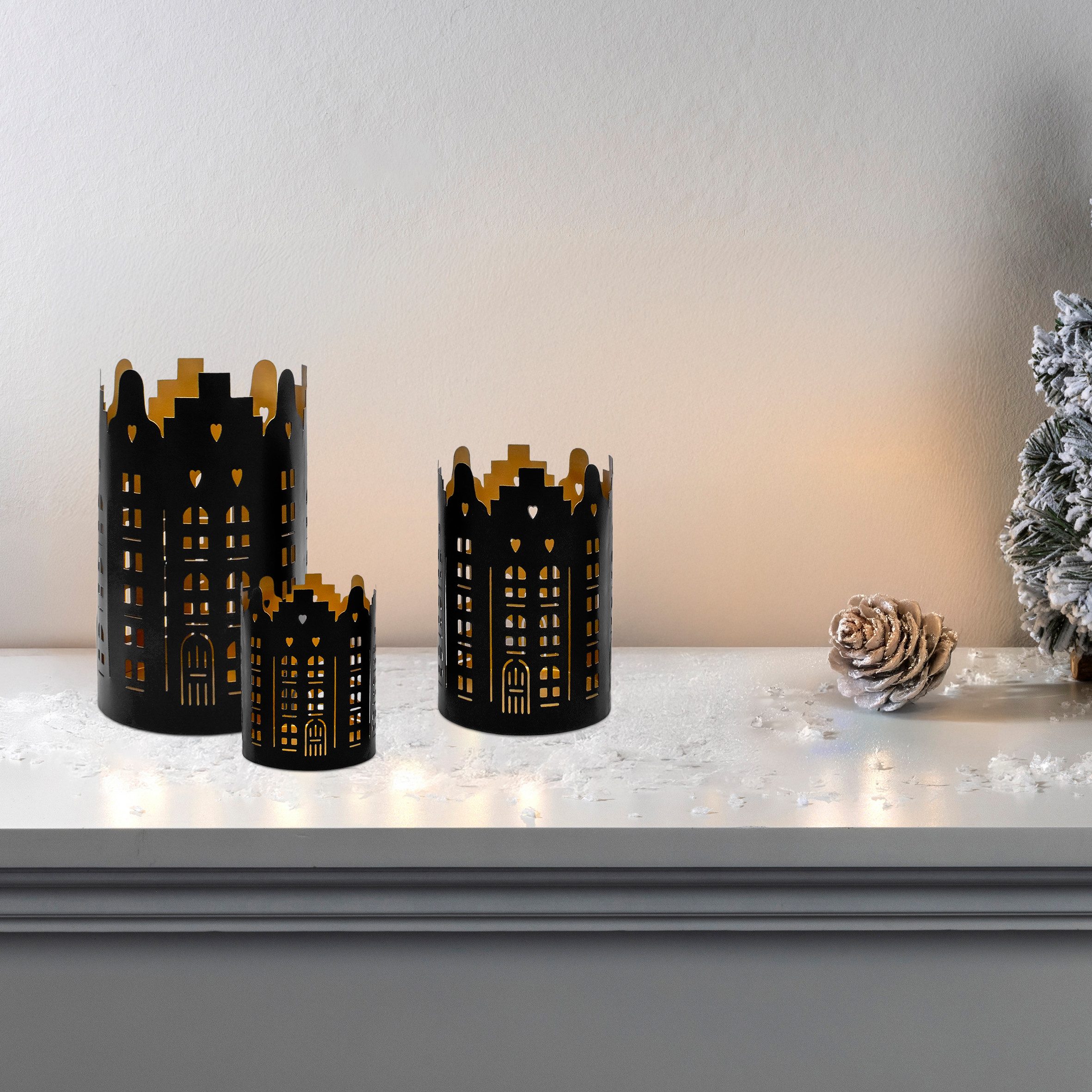 Spetebo Windlicht Metall Weihnachts Windlicht rund 3er Set - Skyline (Set, 3 St., 3-teilig), Winter Tisch Deko Laterne Kerzen Halter