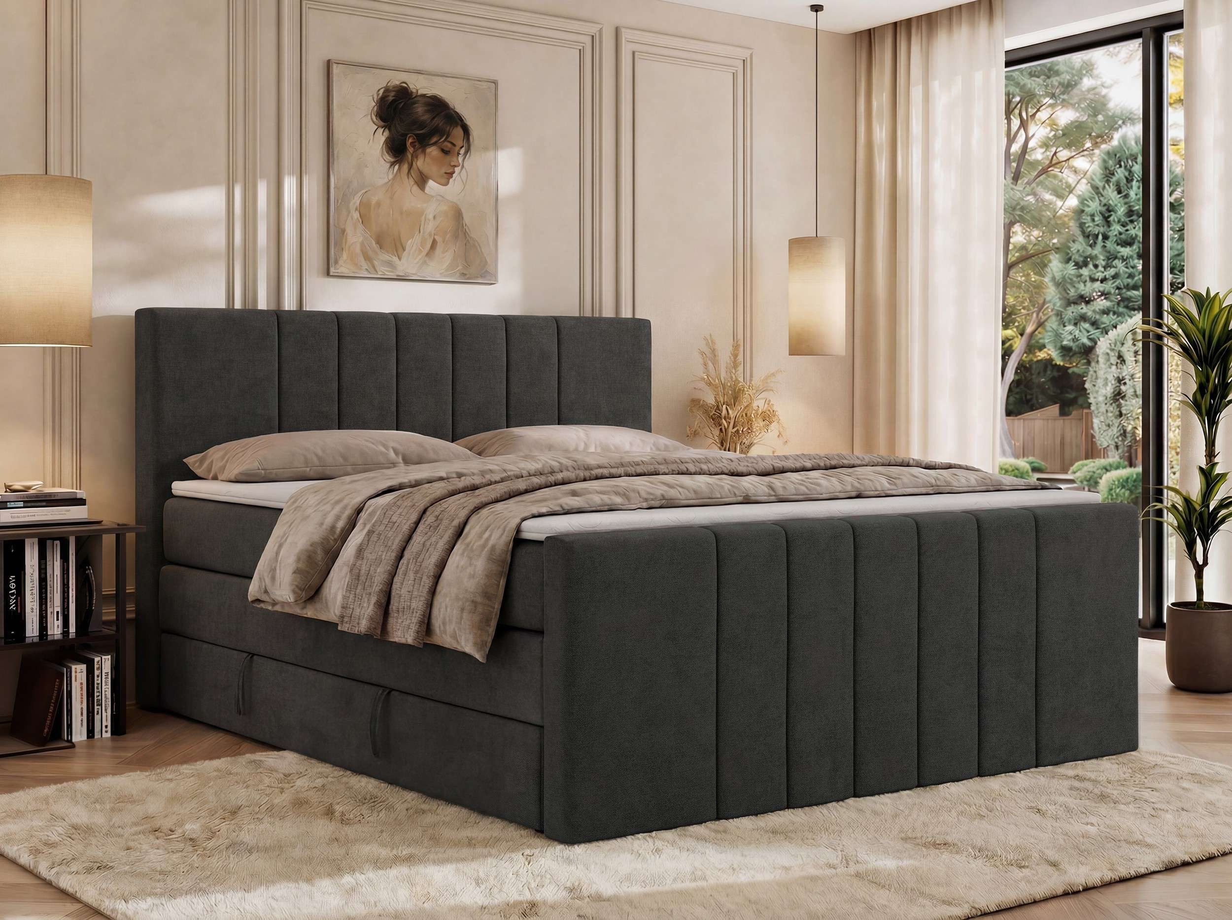 MKS MÖBEL Boxspringbett INERO KING DUO (Packung, Topper T25/ Visco, hohe Kopfteil, Matratzen H3/H4), Doppelbett mit Bettkästen, inkl. Matratzen und Topper, Gasdruckfedern