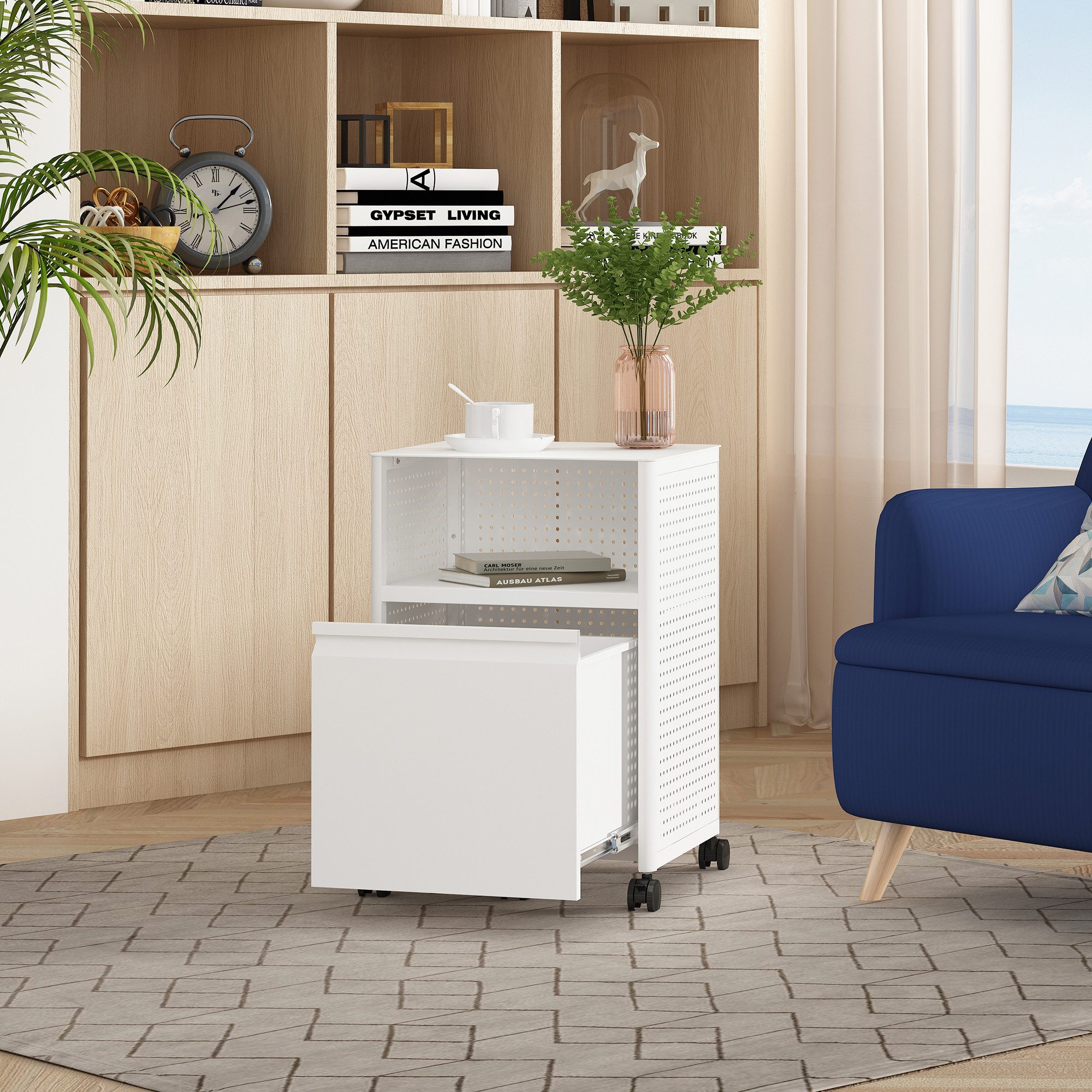 en.casa Rollcontainer, »Velvevn« mit Schublade Stahl 54 x 40 x 36 cm Weiß