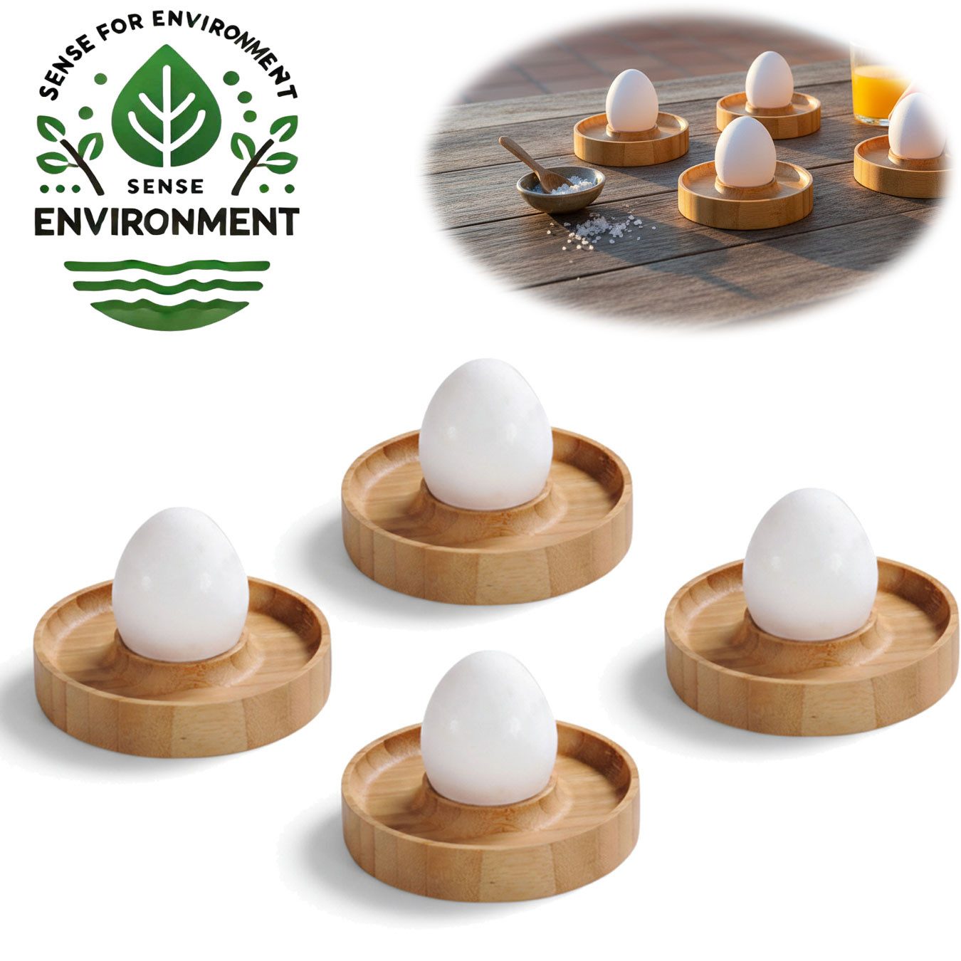 LS-LebenStil Eierbecher Nachhaltige Eihalter Holz 4´er Set Bambus Eierhalter Eibecher, (für das perfekte Frühstücksei auf dem Frühstückstisch, 4-tlg., Braun), natürliche Holzmaserung
