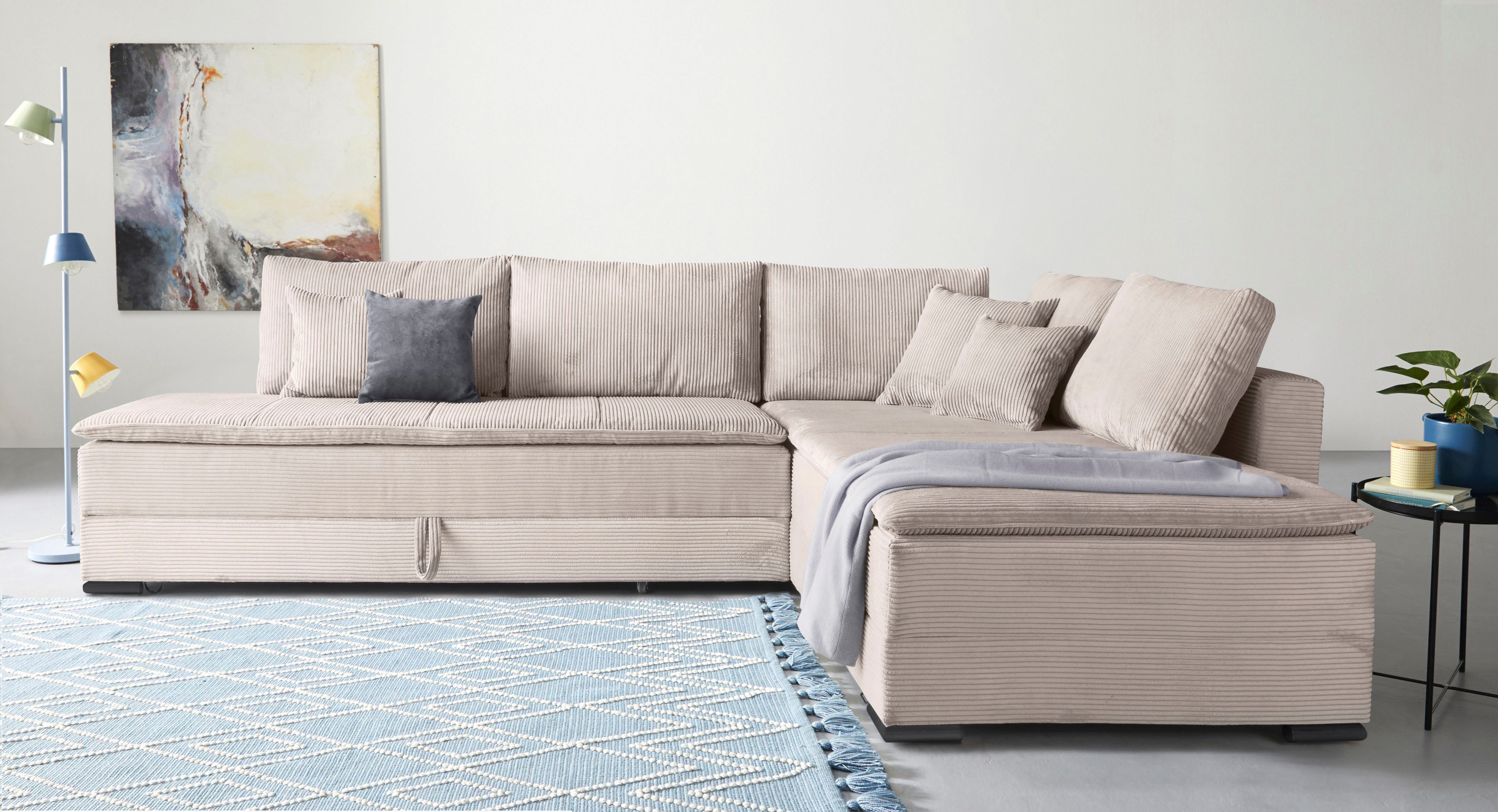 Home affaire Ecksofa Night & Day L-Form, B: 321 cm, mit Dauer-Schlaffunktion 180x200 cm, Bettfunktion, Bettkasten, Topper & 3 Zierkissen, Boxspringbett in Cord
