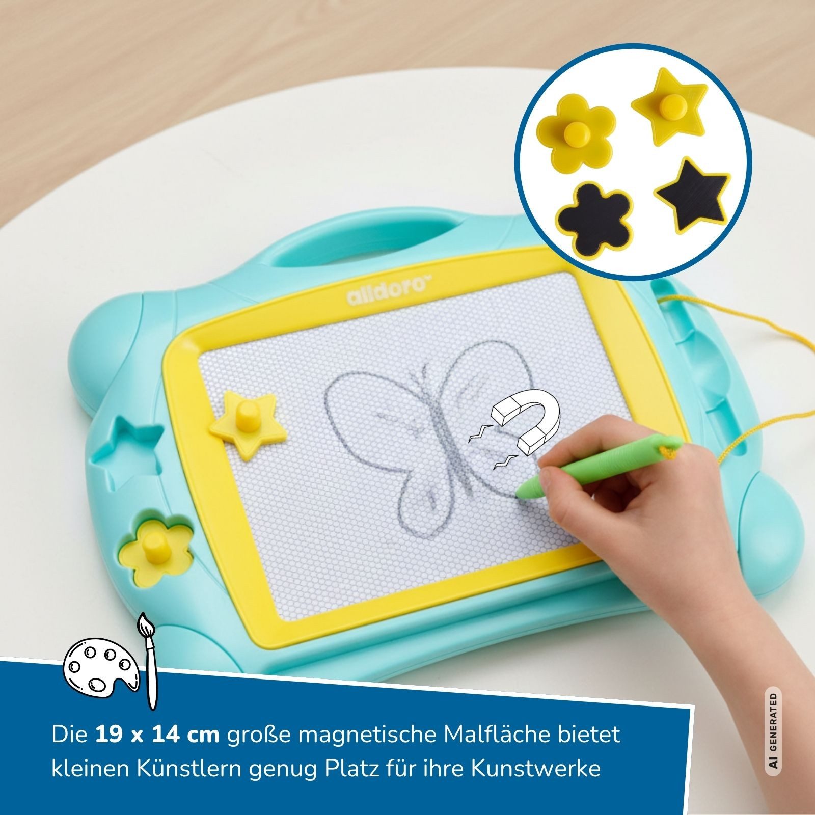 alldoro Zaubertafel magnetisch für Kinder, schwarz-weiß 32 x 25 cm mit Stift & Stempeln, Magnettafel tragbar mit Löschfunktion, Malspaß für zuhause & unterwegs – Bild 3 von 5