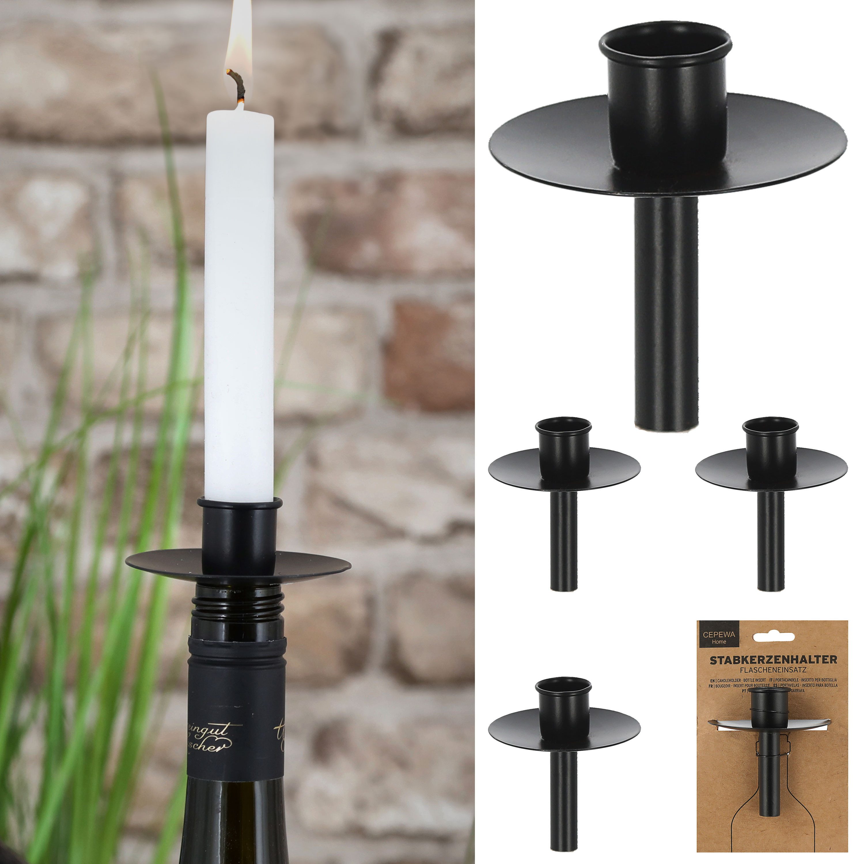 CEPEWA Kerzenhalter Stabkerzenhalter Flascheneinsatz 4er Set Metall schwarz günstig online kaufen