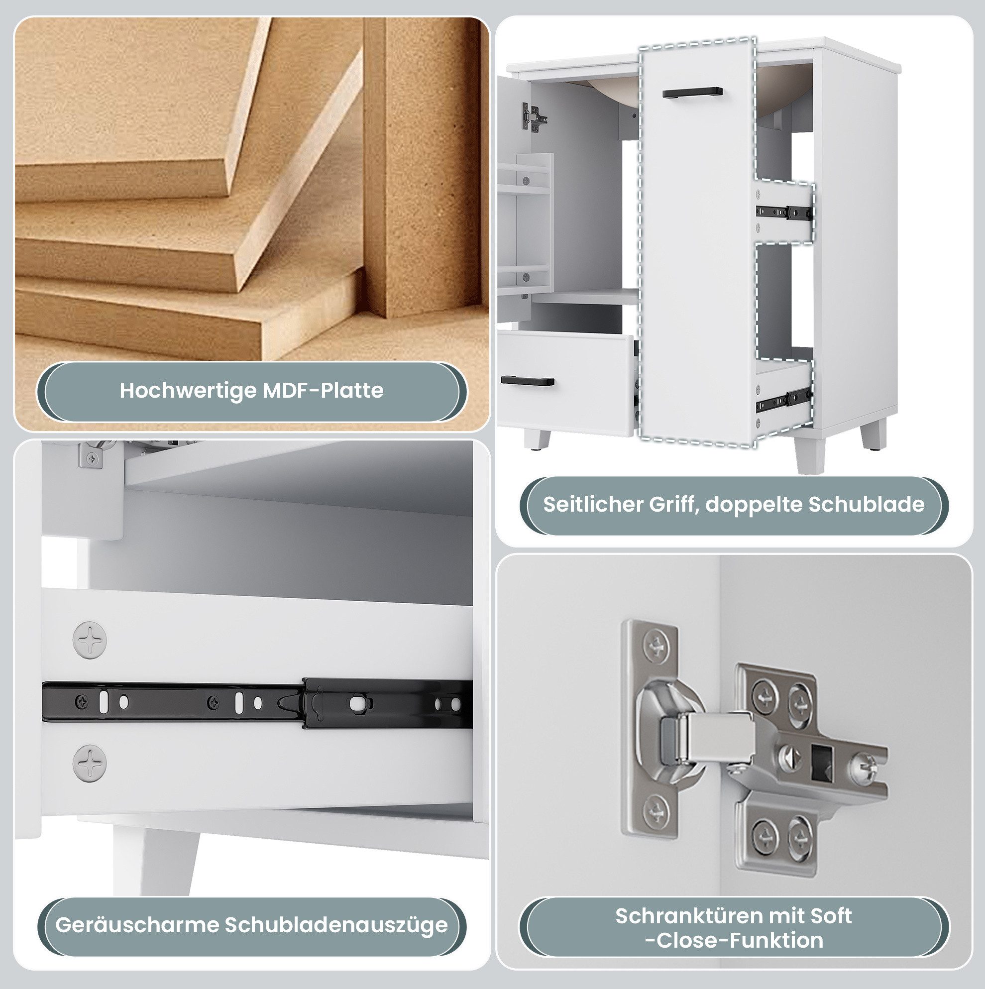 REDOM Waschbeckenunterschrank Badezimmerschrank mit Keramikbecken,Badmöbel (2-stufigem Seitenauszug und zusätzlichem Stauraum, freistehender Badschrank 76,5x47x82 cm mit lackierter Oberfläche)