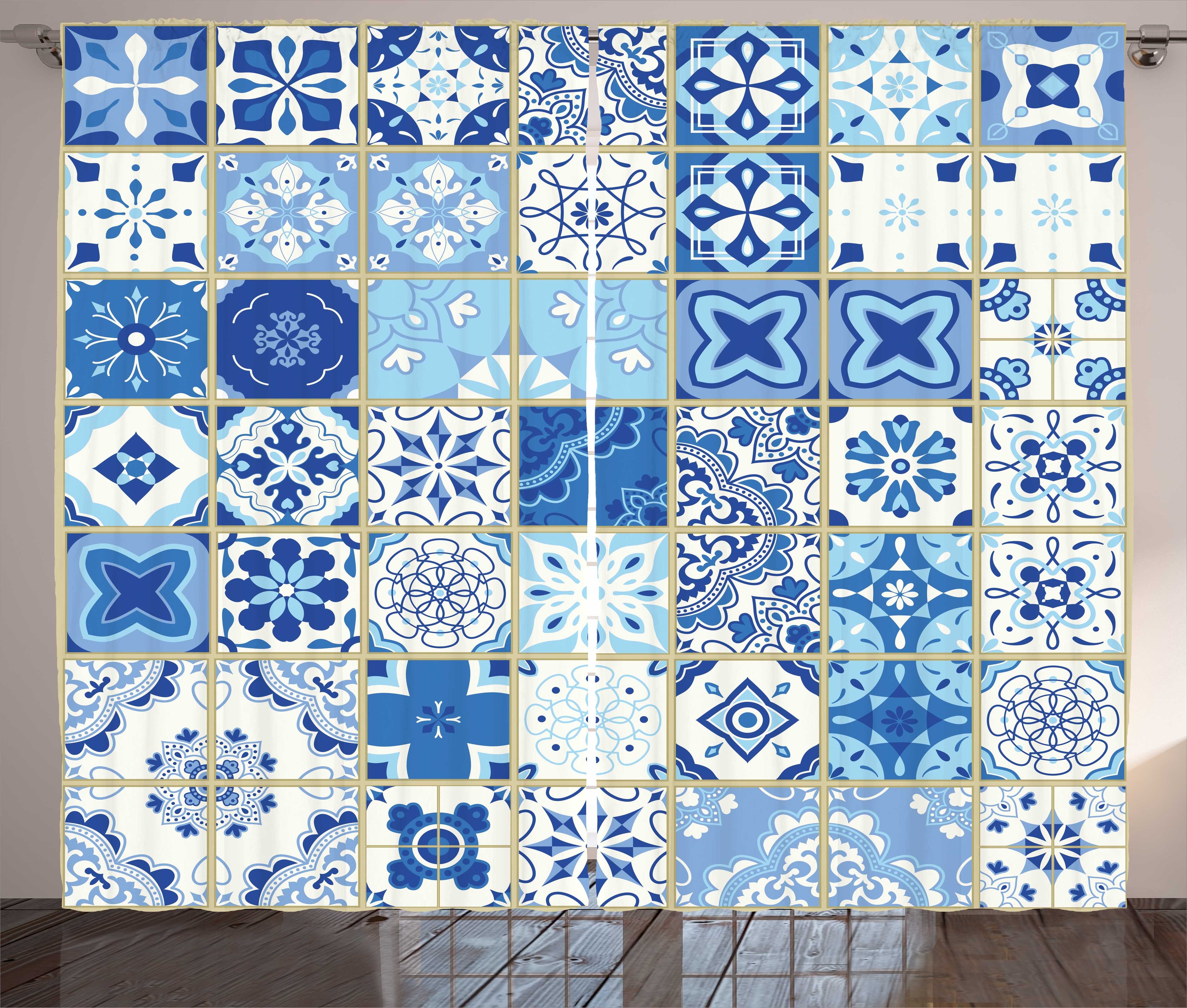 Gardine Schlafzimmer Kräuselband Vorhang mit Schlaufen und Haken, Abakuhaus, Azulejos Porto Ceramic Art-Motiv