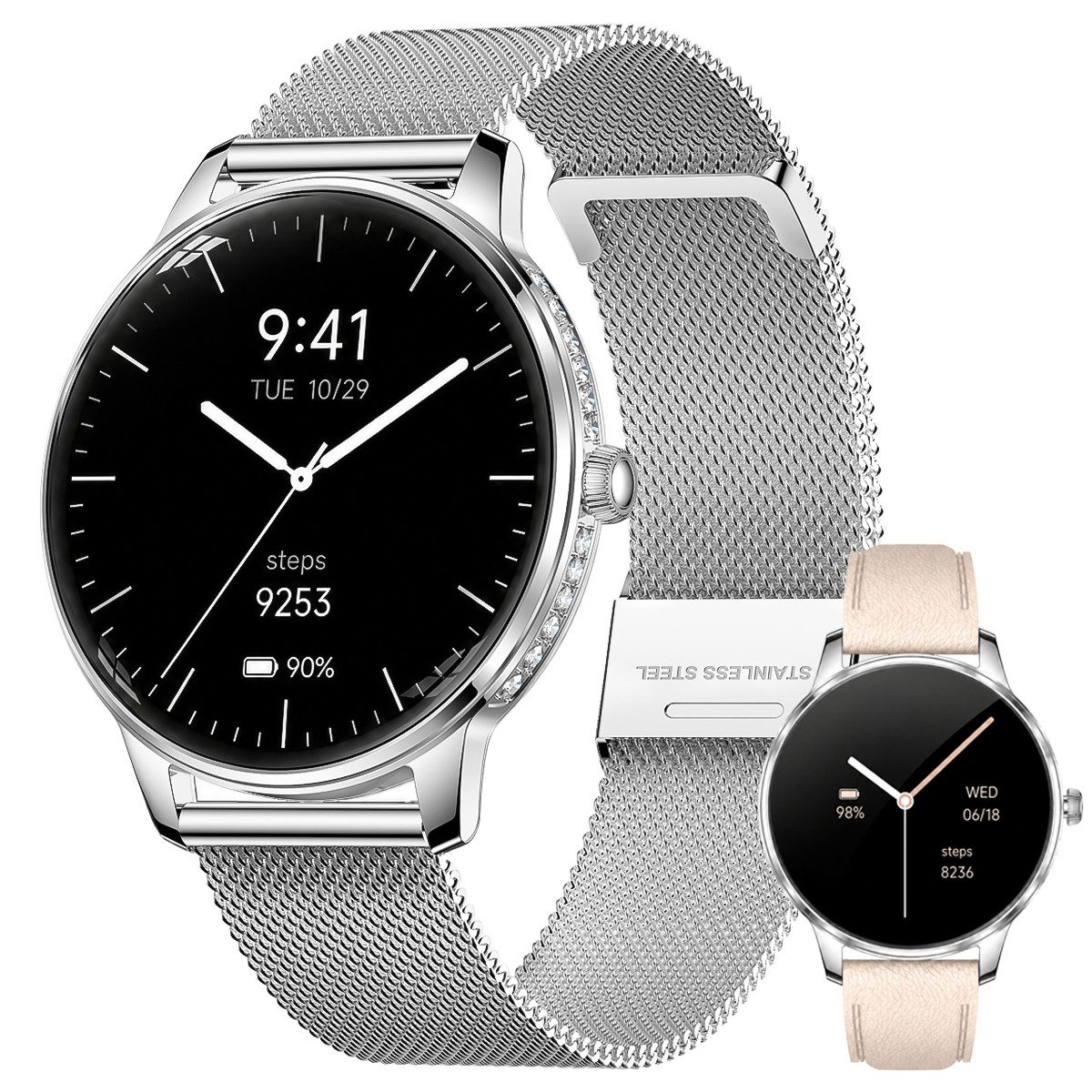 Vashoy Smartwatch Damen,1.19" mit Bluetooth-Anrufen & Sprachassistent Smartwatch (38mm cm/1.19 Zoll, Android4.4/IOS1.0) Spar-Set, 4-tlg., Schritte, Puls, Blutdruck, Stress, Schlaf, Zyklus, IP68 Wasserdicht – Fitnessuhr Kompatibel mit iOS Android