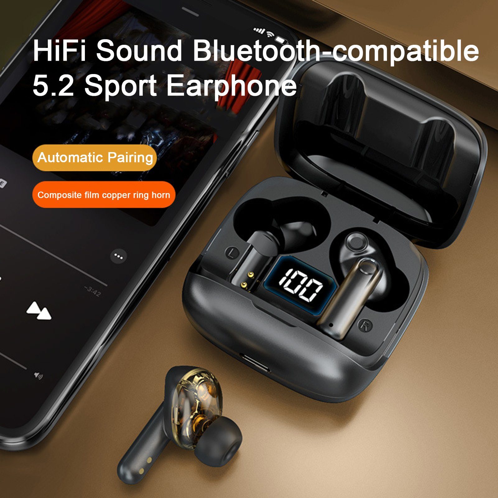 Bluetooth Kopfhörer Ear, In Schwarz Sound HiFi-Kopfhörer (Bluetooth) 5.2 Adaptive HiFi von Rutaqian